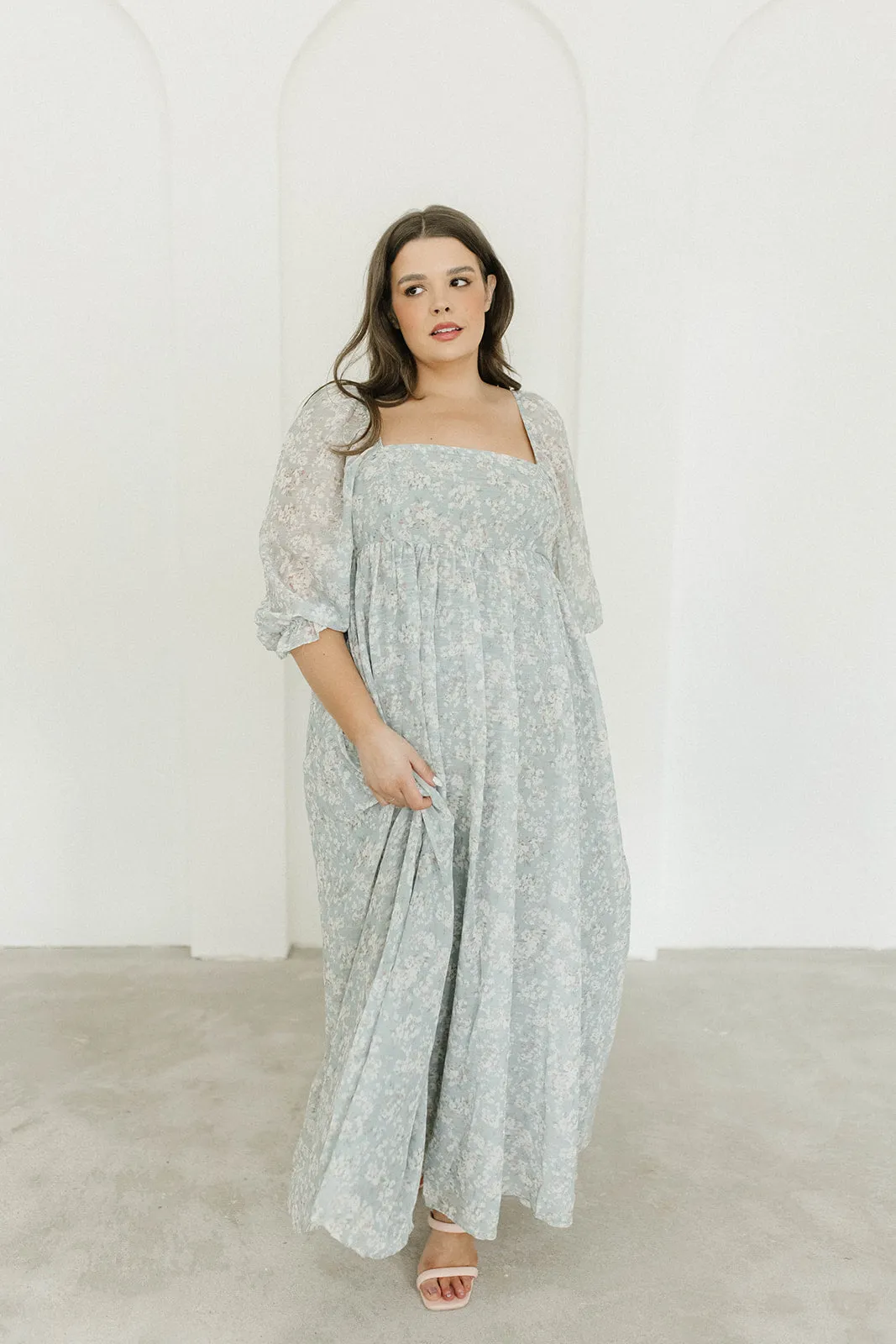 Mona Maxi Dress with Smocking in Sage Green Floral - Bump Friendly & Inclusive Sizing (S-3XL)