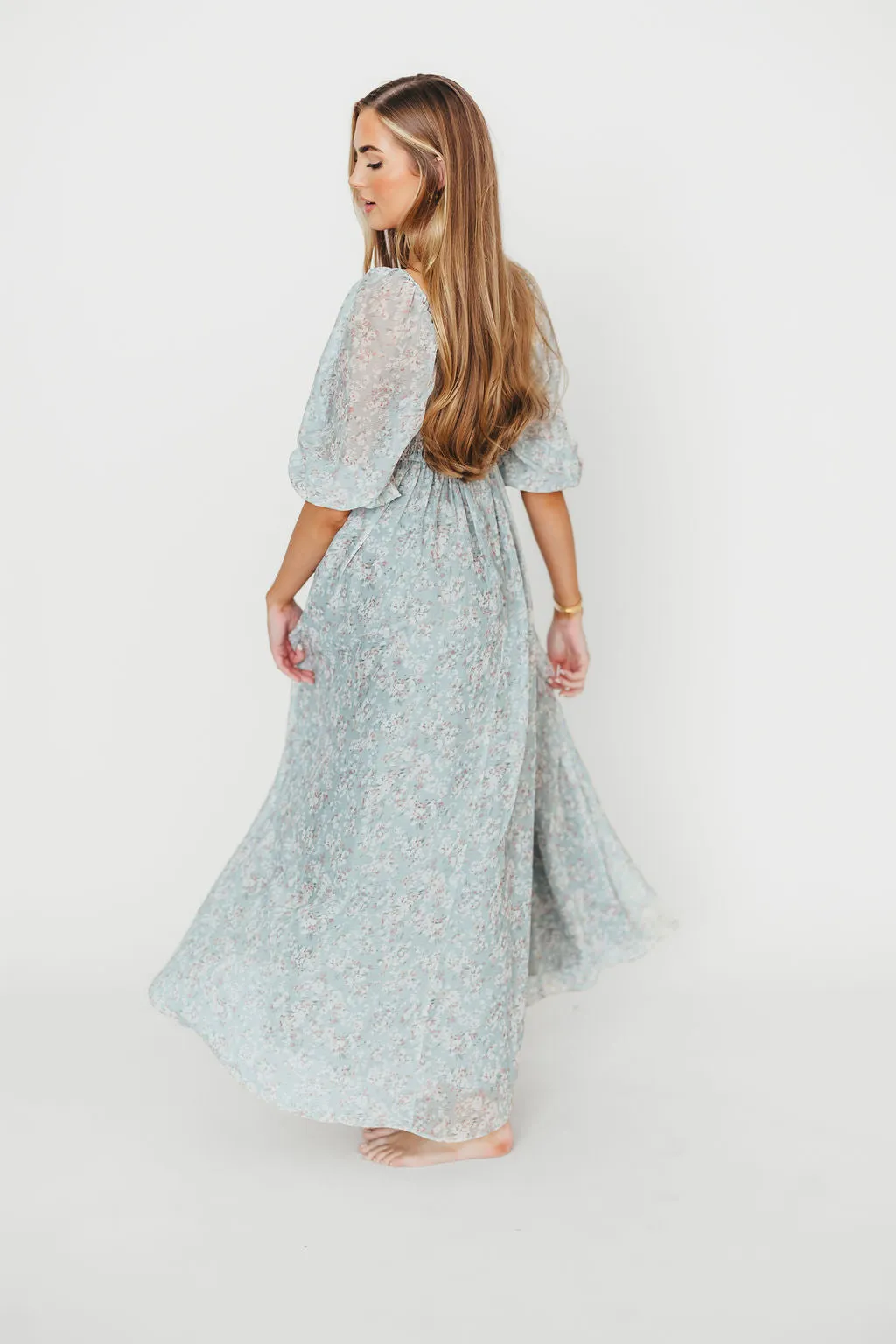 Mona Maxi Dress with Smocking in Sage Green Floral - Bump Friendly & Inclusive Sizing (S-3XL)