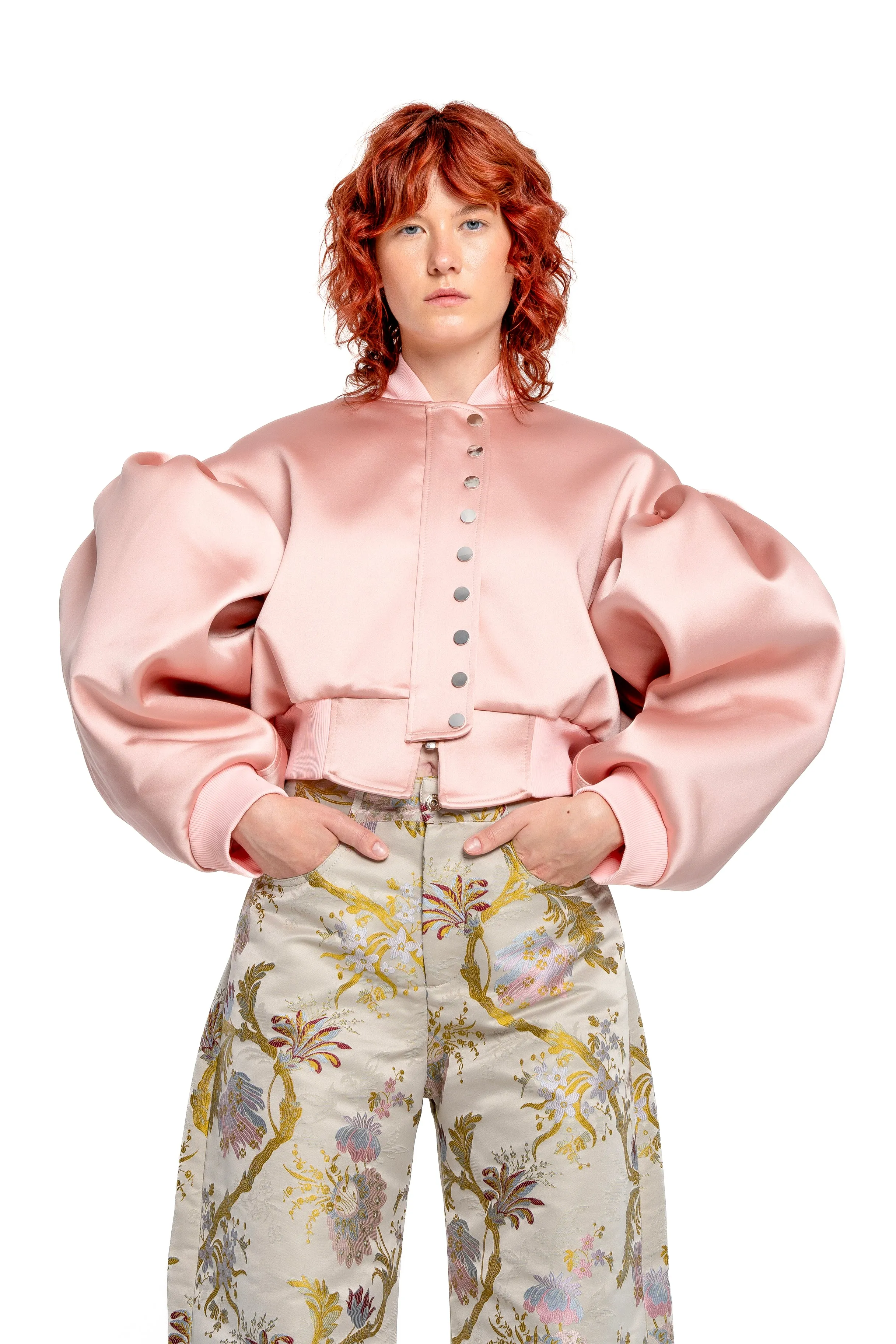 PINK BOMBER JACKET WITH PUFF SLEEVES