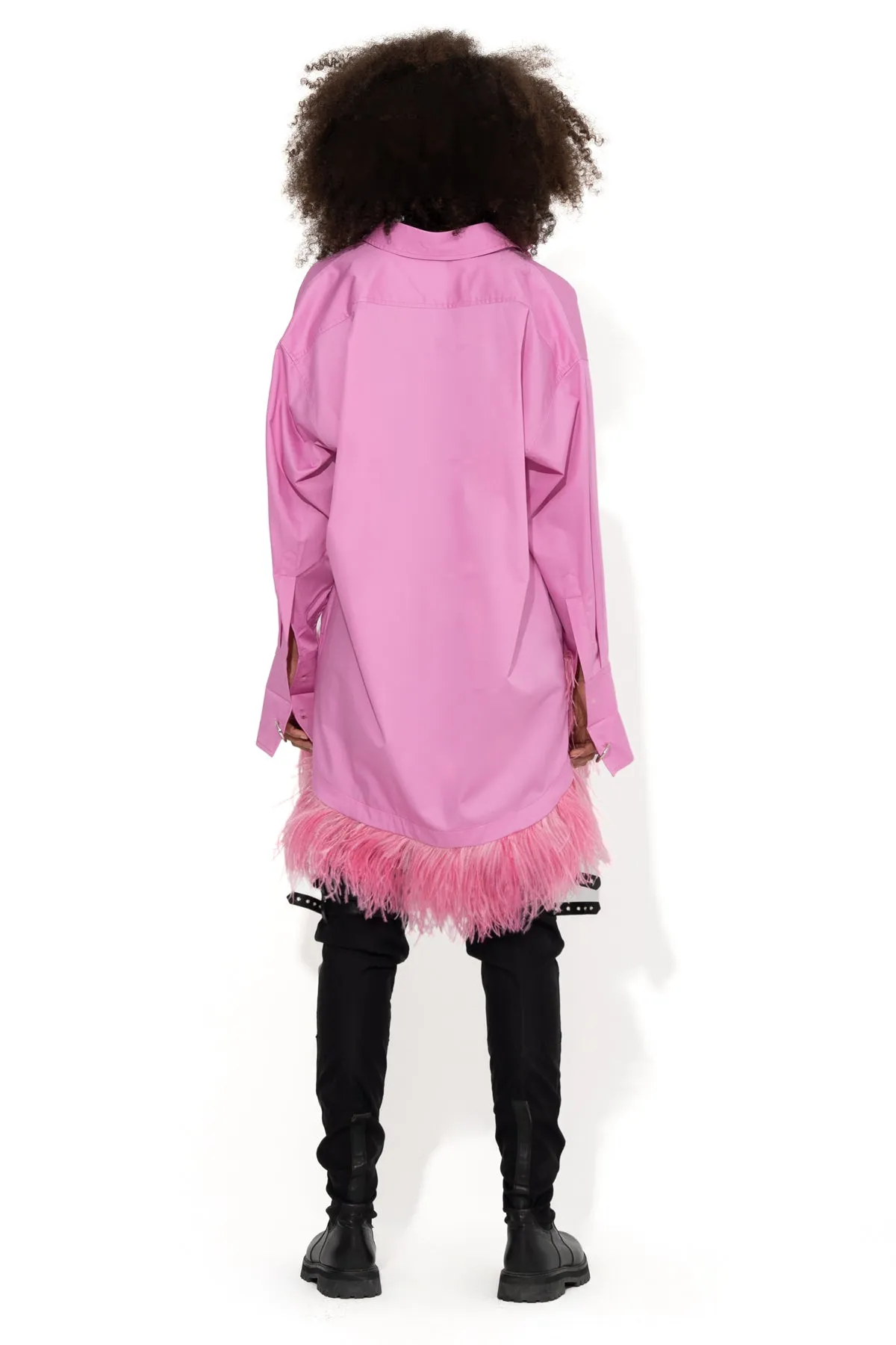 PINK FEATHER HEM SHIRT DRESS