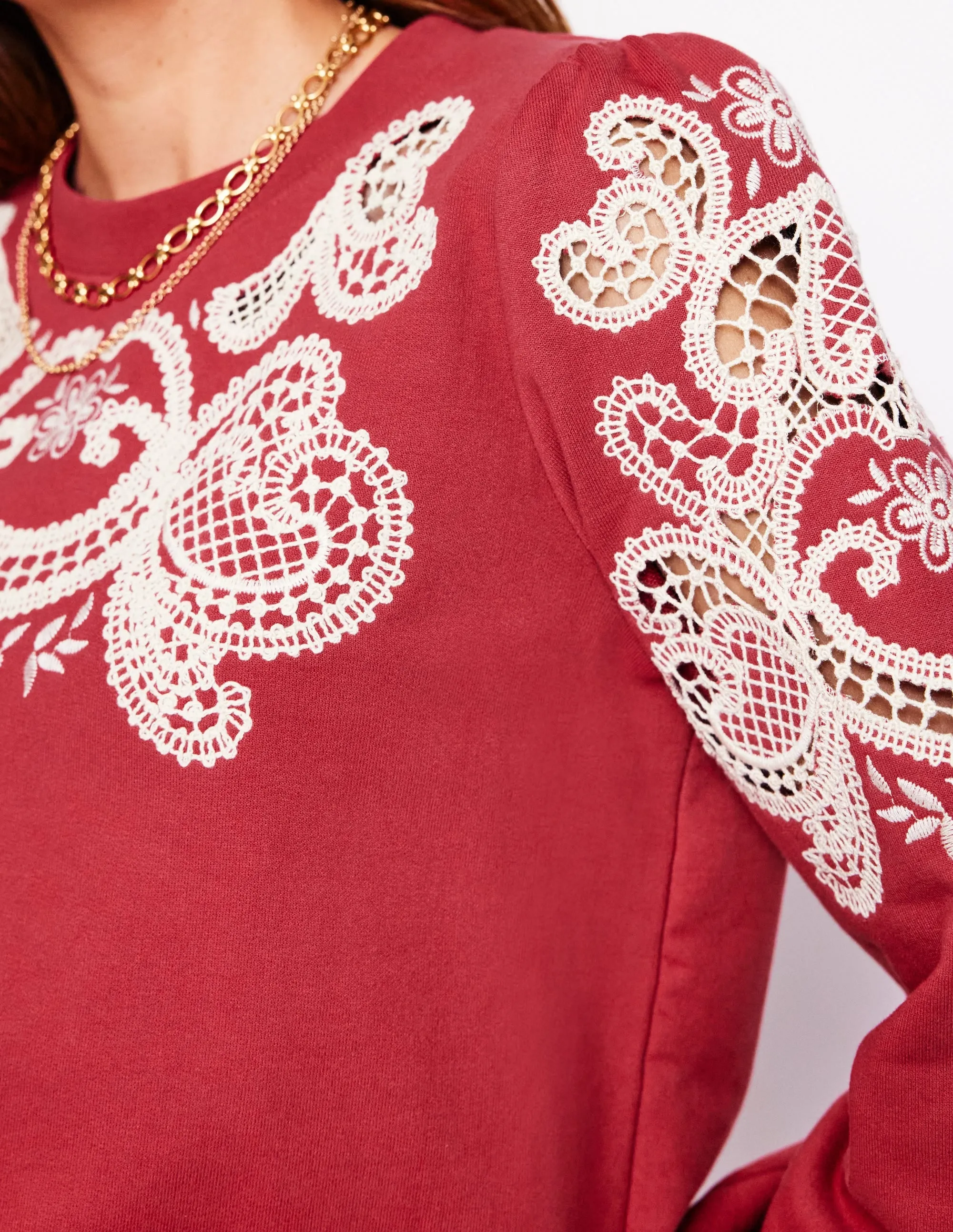Puff Sleeve Cutwork Sweatshirt-Teracotta