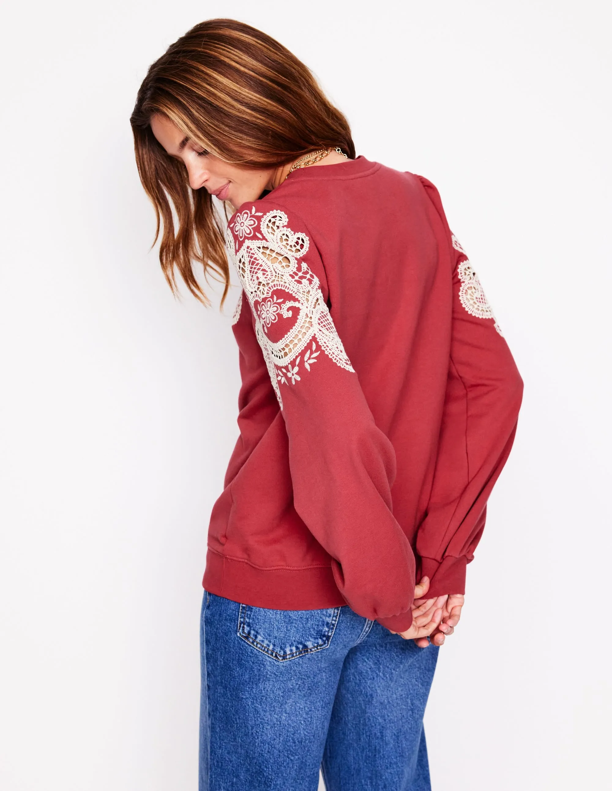 Puff Sleeve Cutwork Sweatshirt-Teracotta