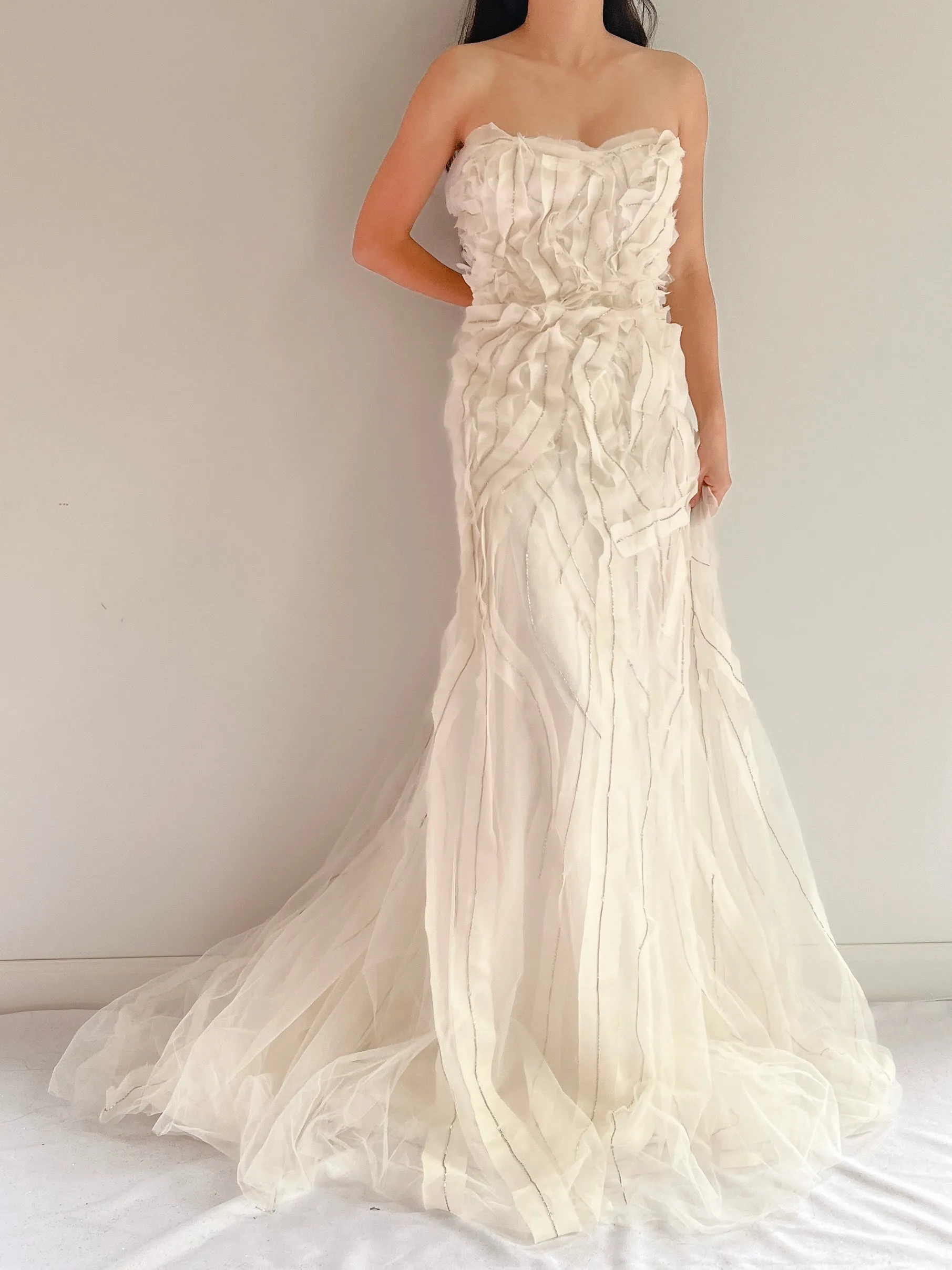 Reem Acra Silk Organza Strapless Embellished Gown - S/M