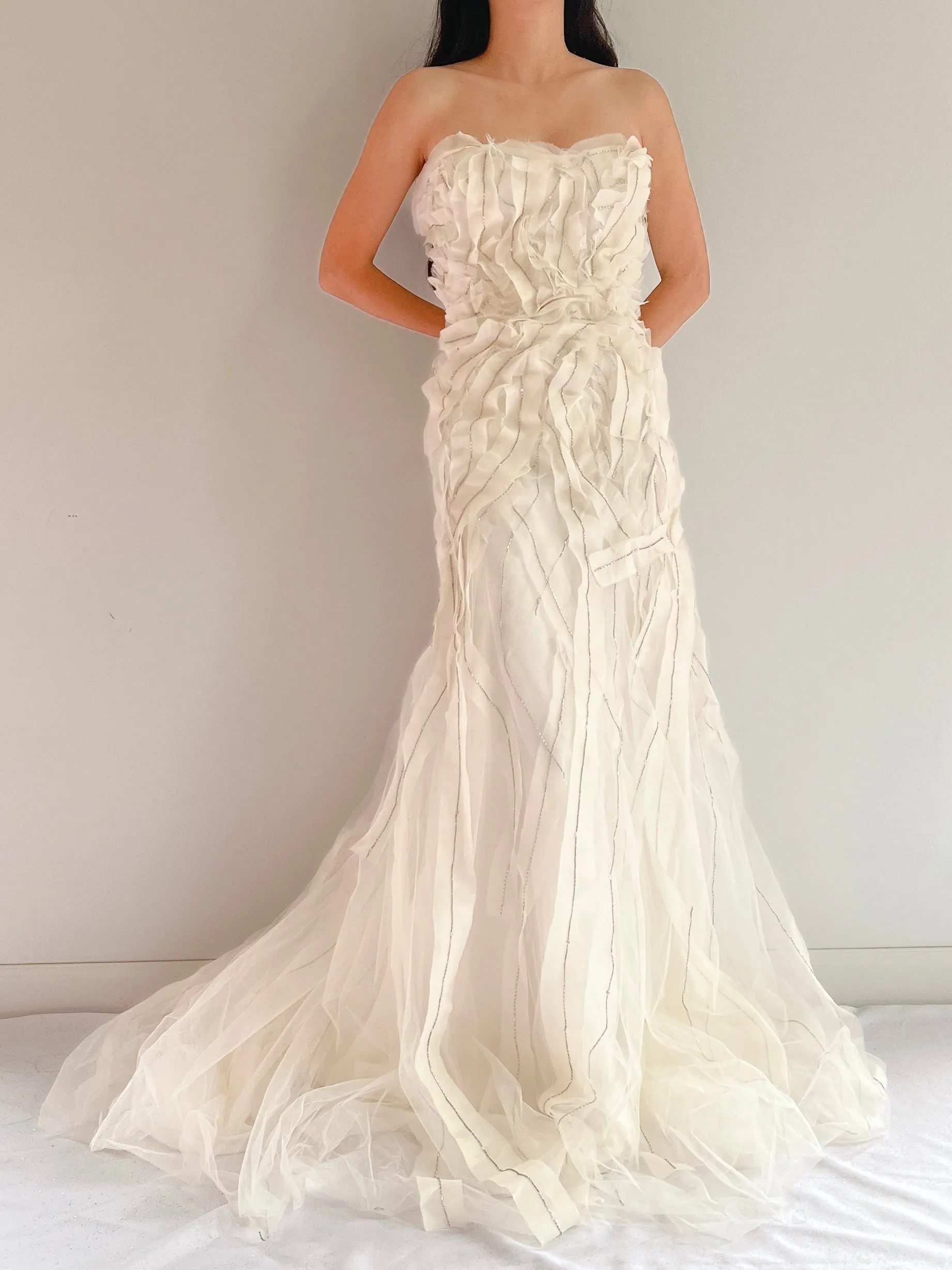 Reem Acra Silk Organza Strapless Embellished Gown - S/M