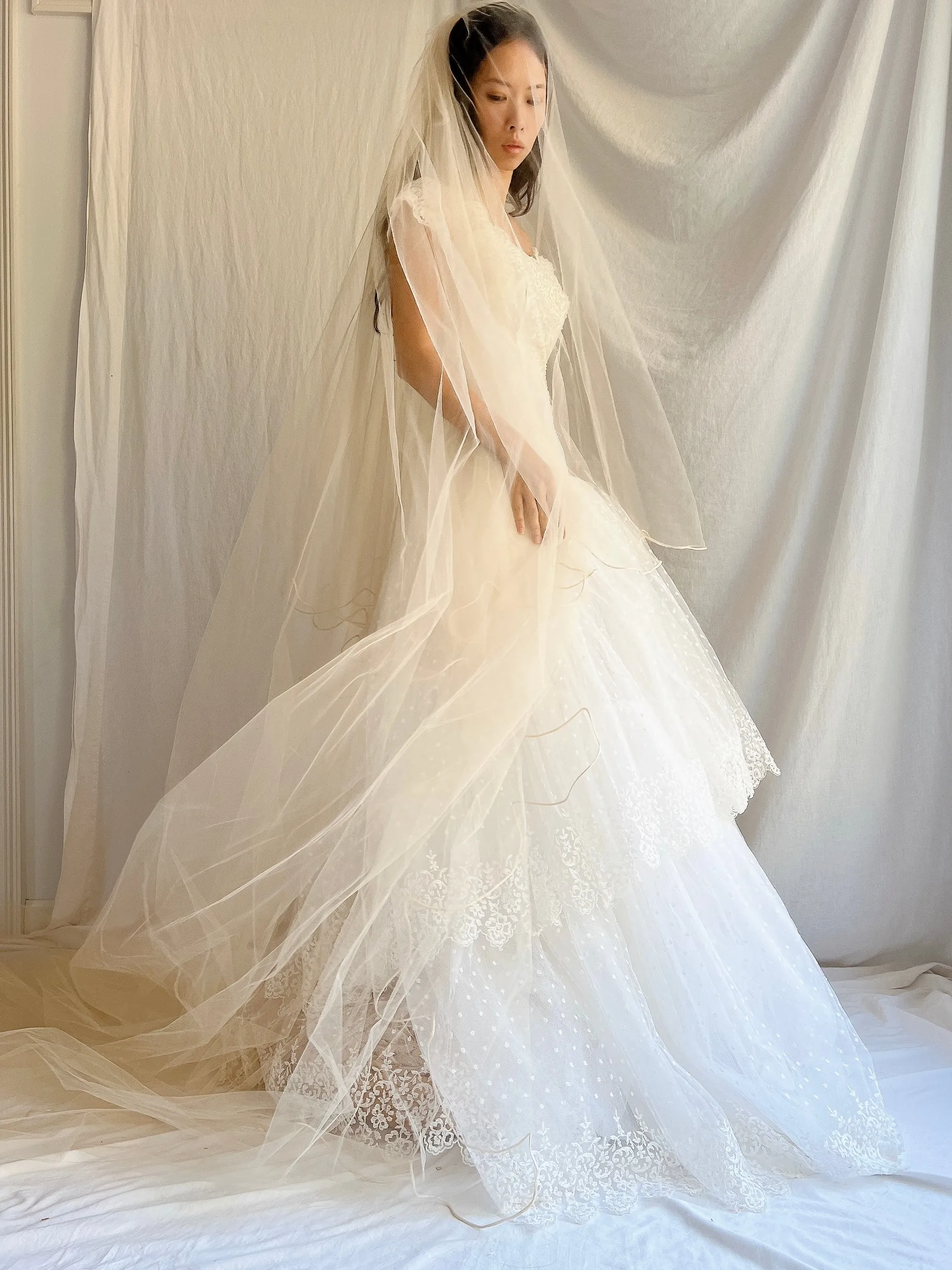 Vintage Cathedral Champagne Scalloped Tulle Veil
