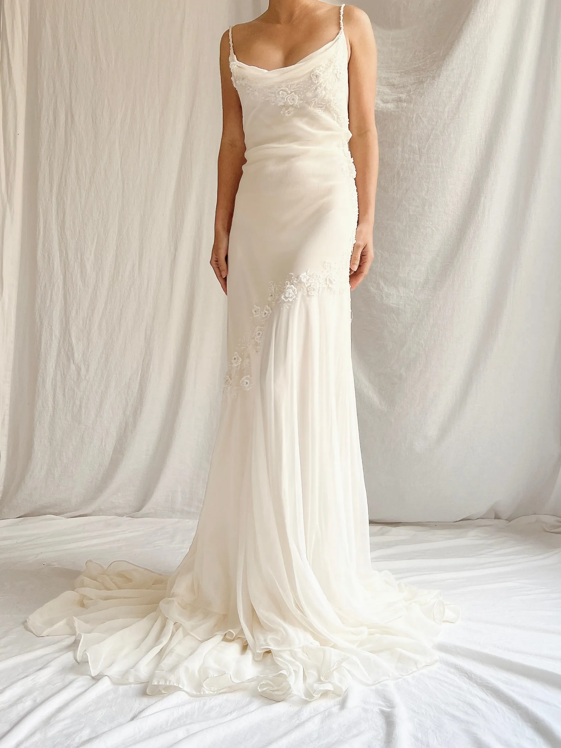 Vintage Chiffon Bias Cut Gown with Scarf - M/L