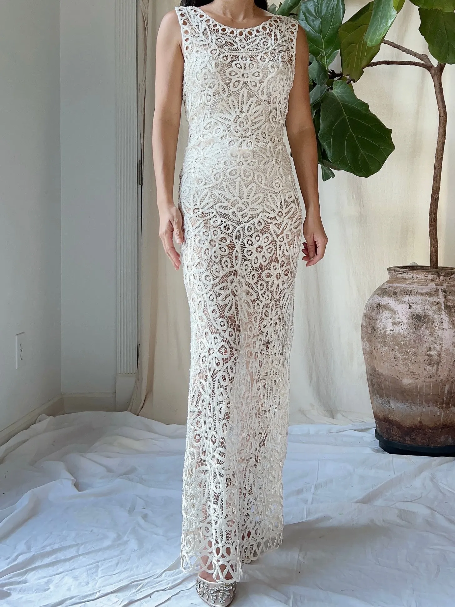 Vintage Ivory Silk Hand Beaded Dress - S/M