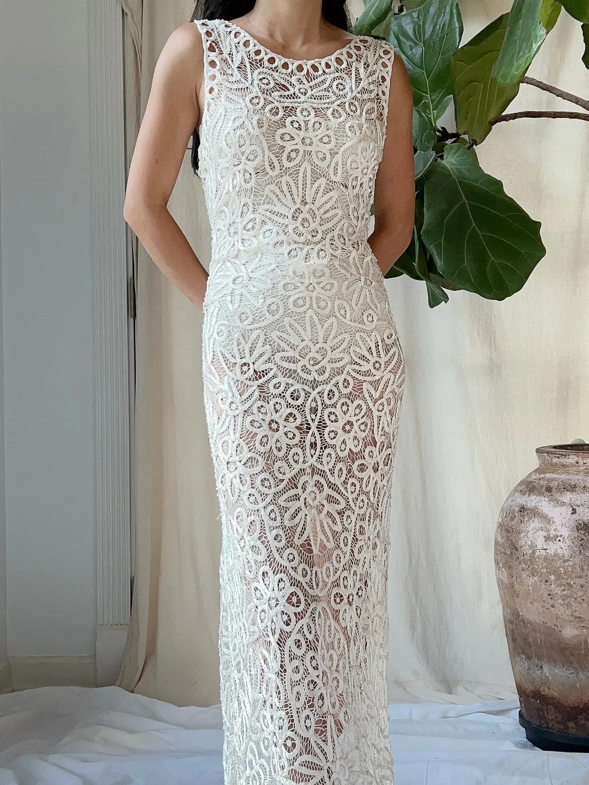 Vintage Ivory Silk Hand Beaded Dress - S/M