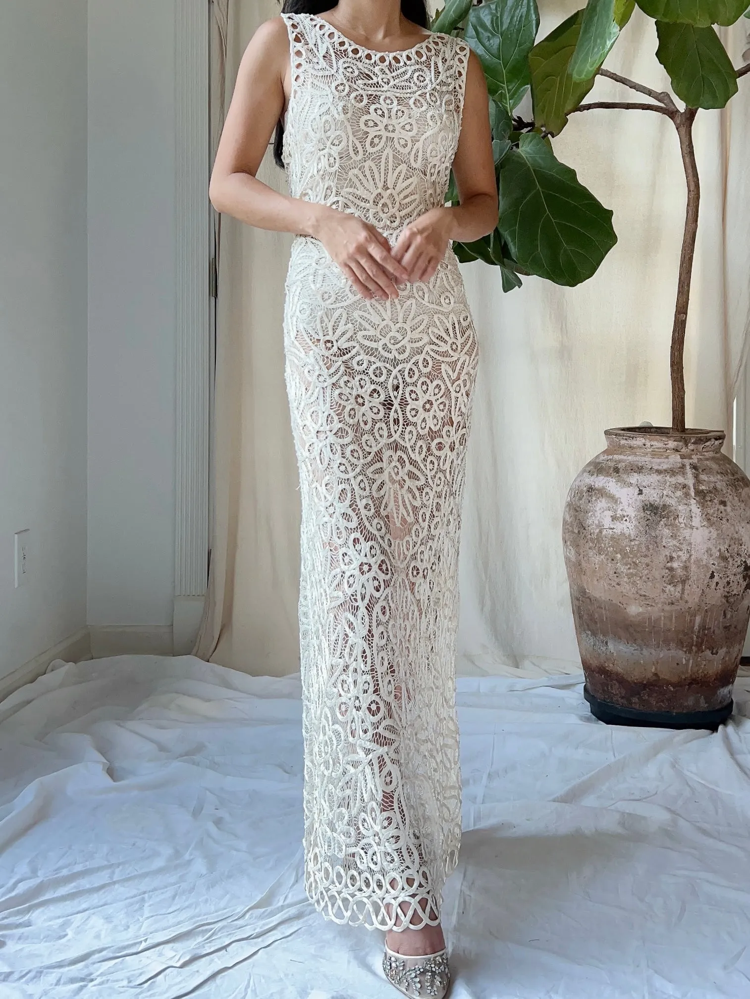 Vintage Ivory Silk Hand Beaded Dress - S/M