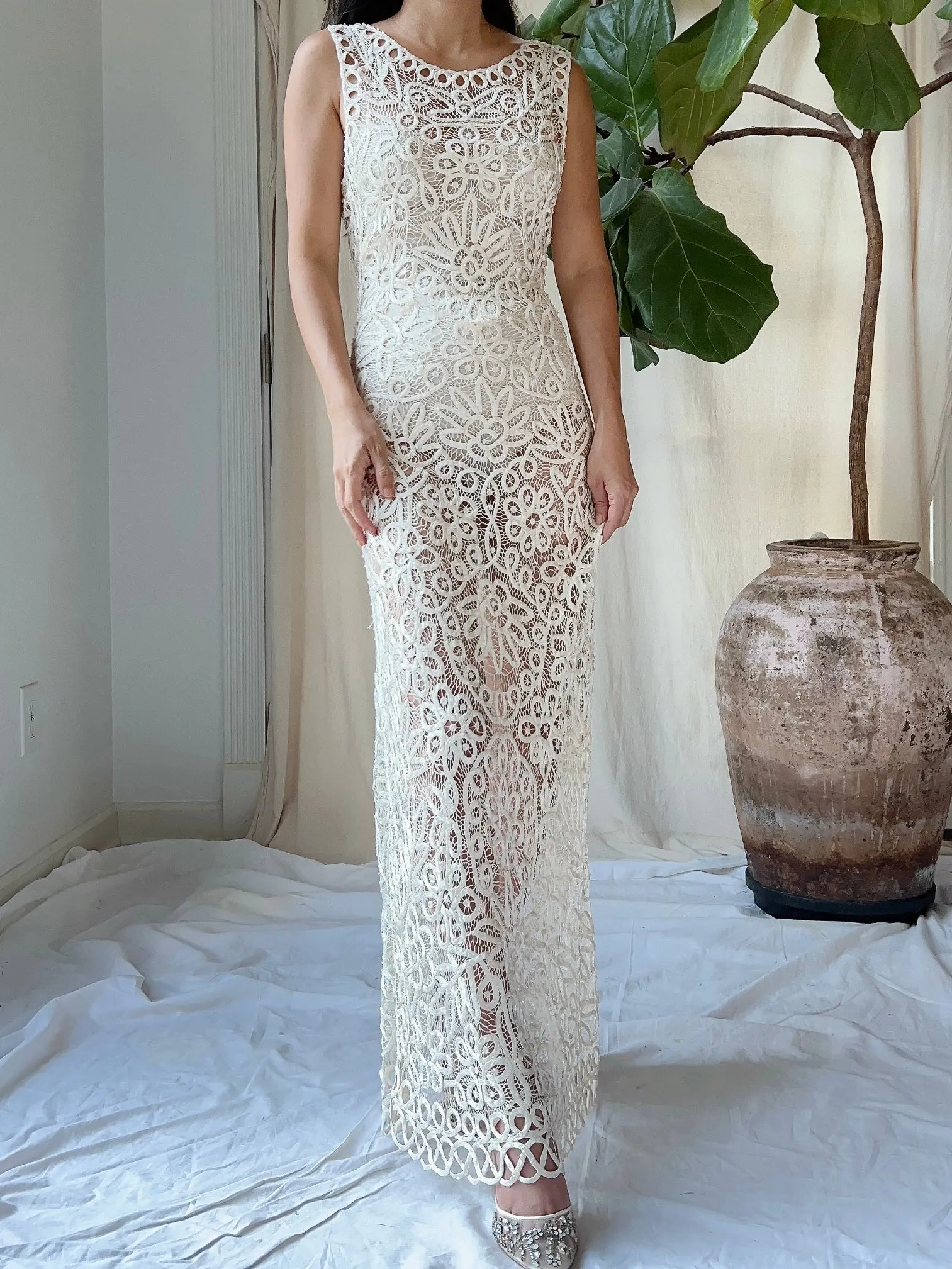 Vintage Ivory Silk Hand Beaded Dress - S/M