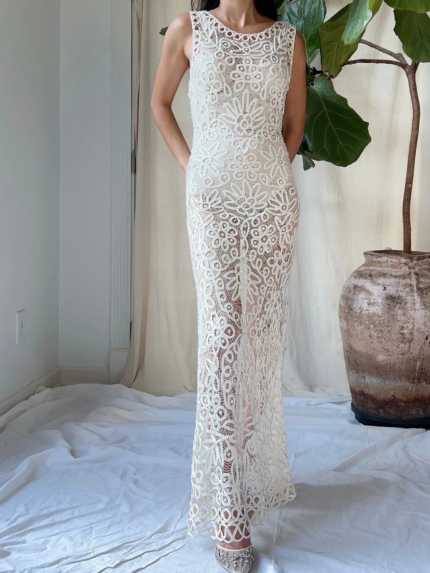 Vintage Ivory Silk Hand Beaded Dress - S/M