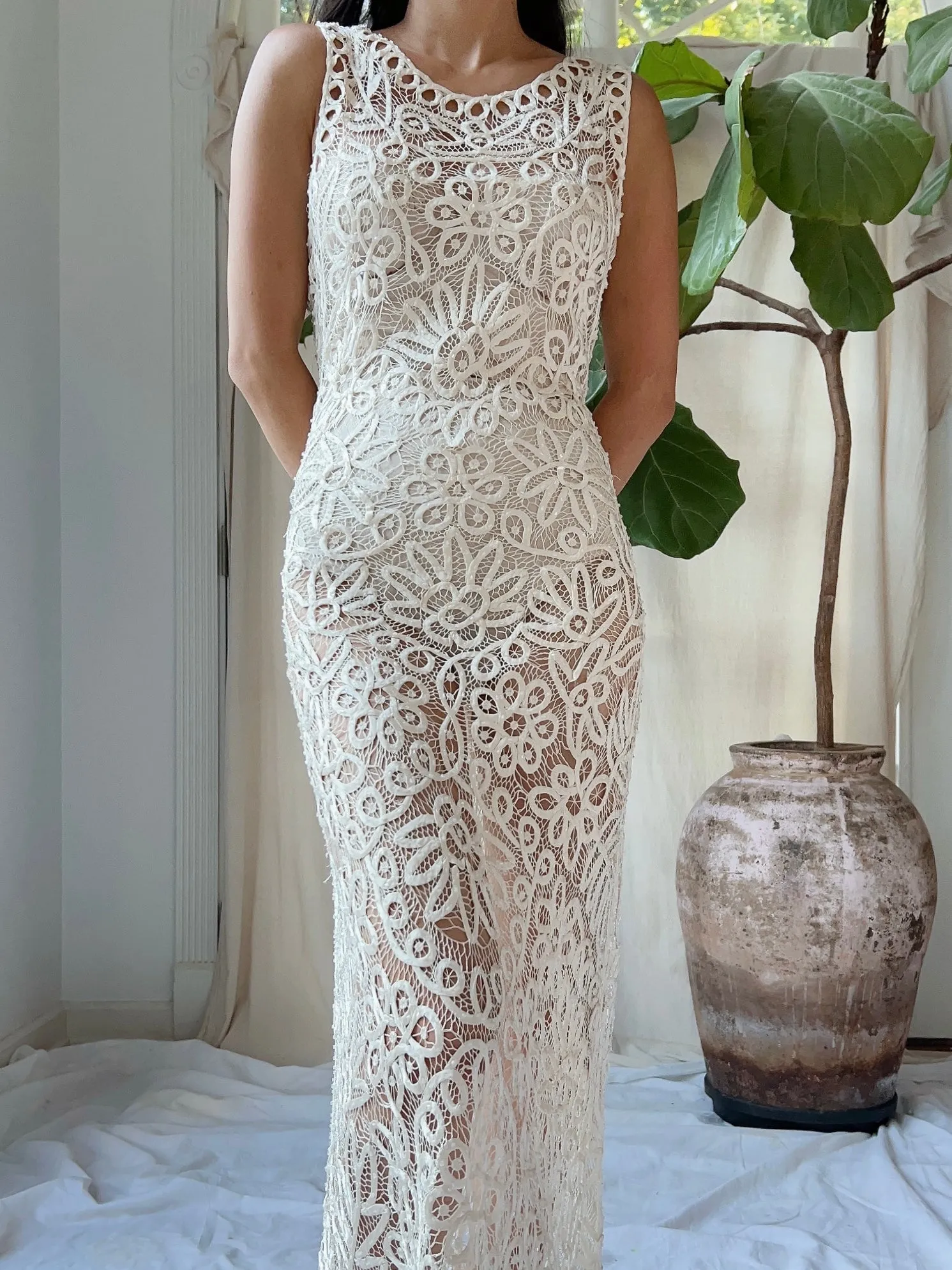 Vintage Ivory Silk Hand Beaded Dress - S/M