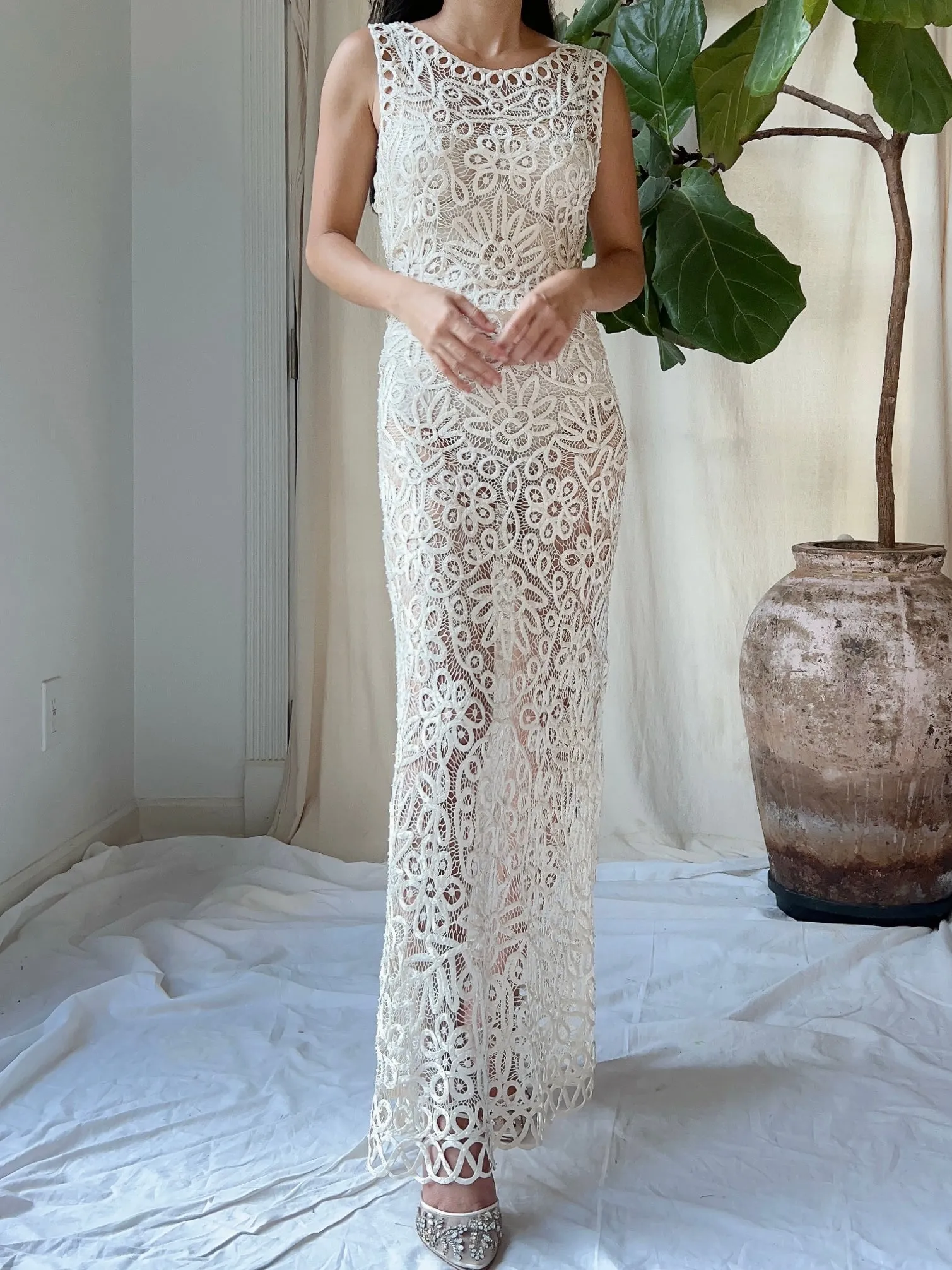 Vintage Ivory Silk Hand Beaded Dress - S/M