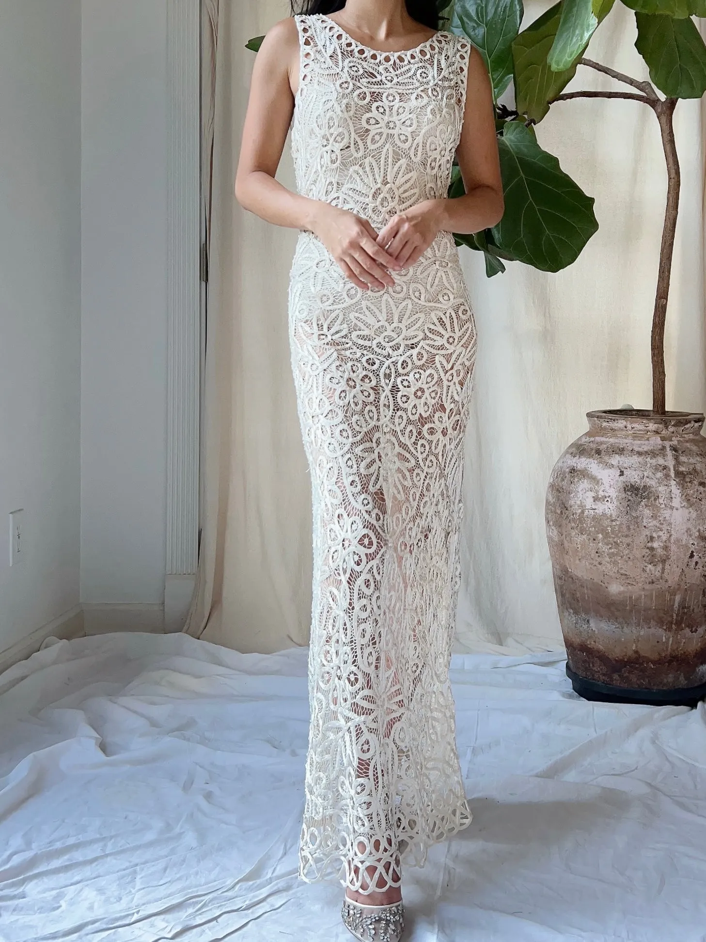 Vintage Ivory Silk Hand Beaded Dress - S/M