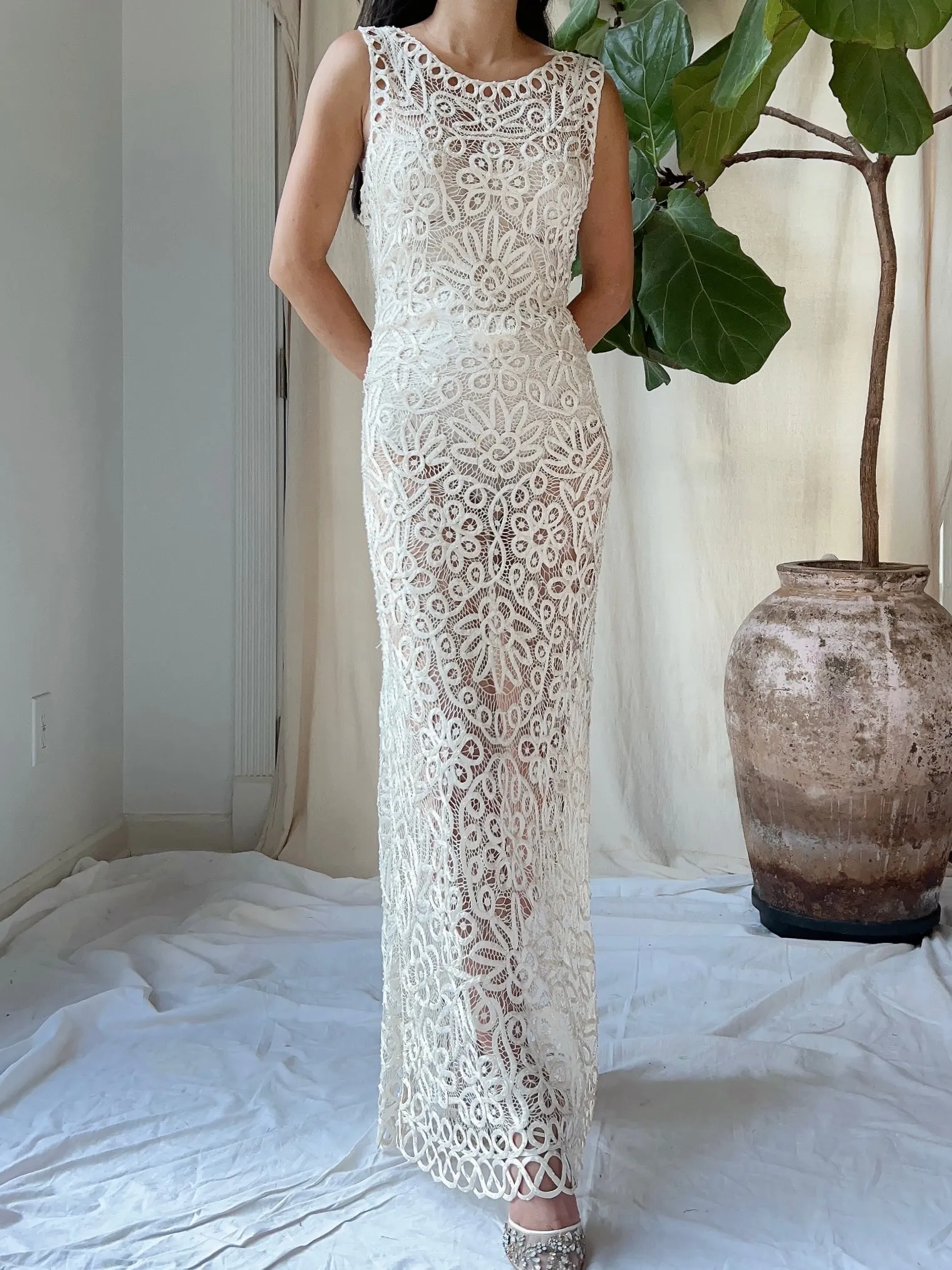 Vintage Ivory Silk Hand Beaded Dress - S/M