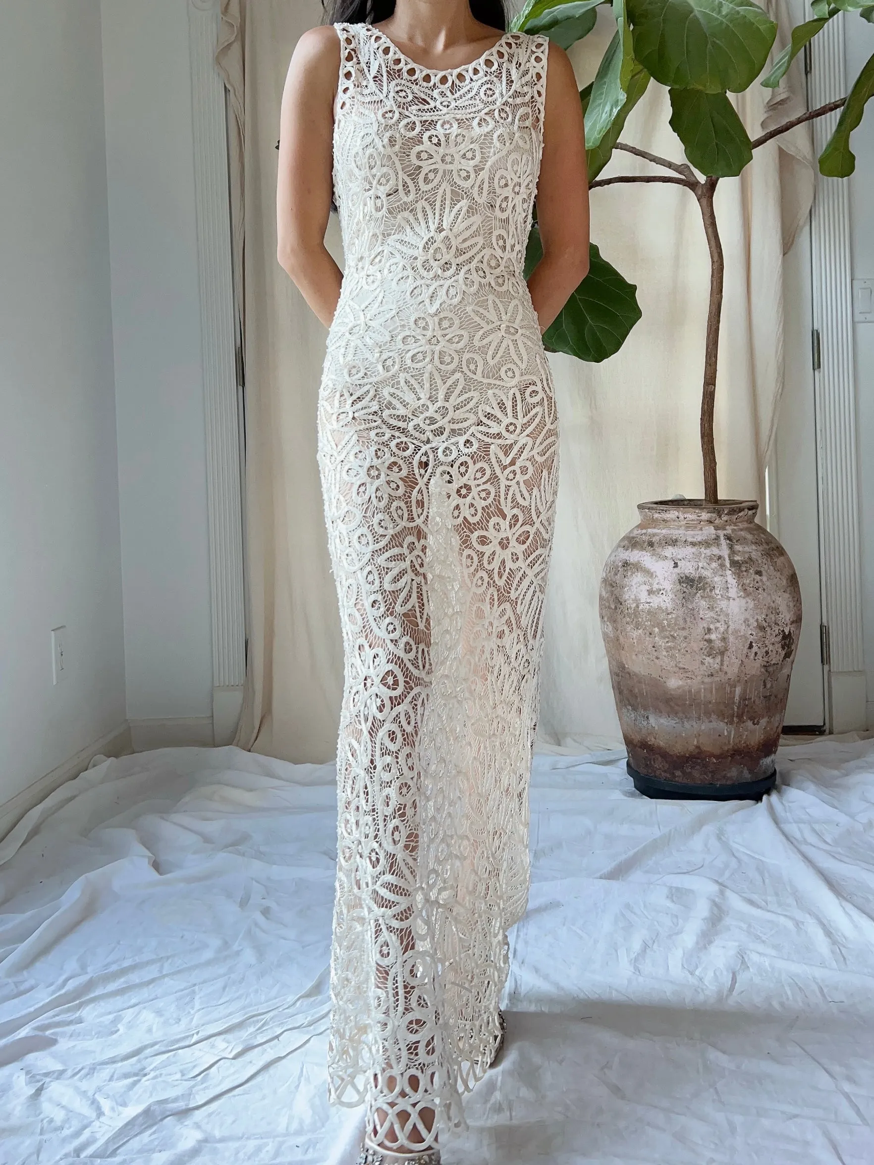 Vintage Ivory Silk Hand Beaded Dress - S/M
