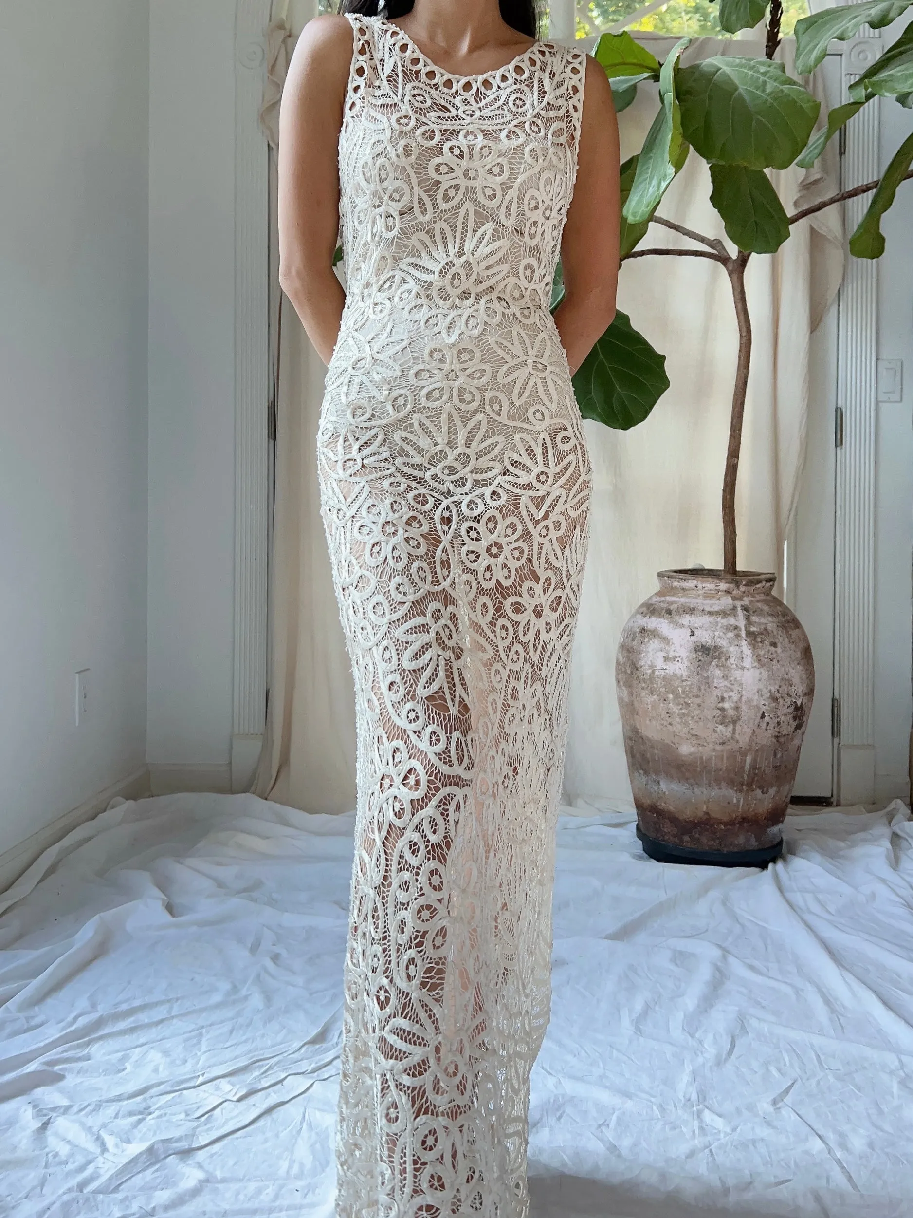 Vintage Ivory Silk Hand Beaded Dress - S/M