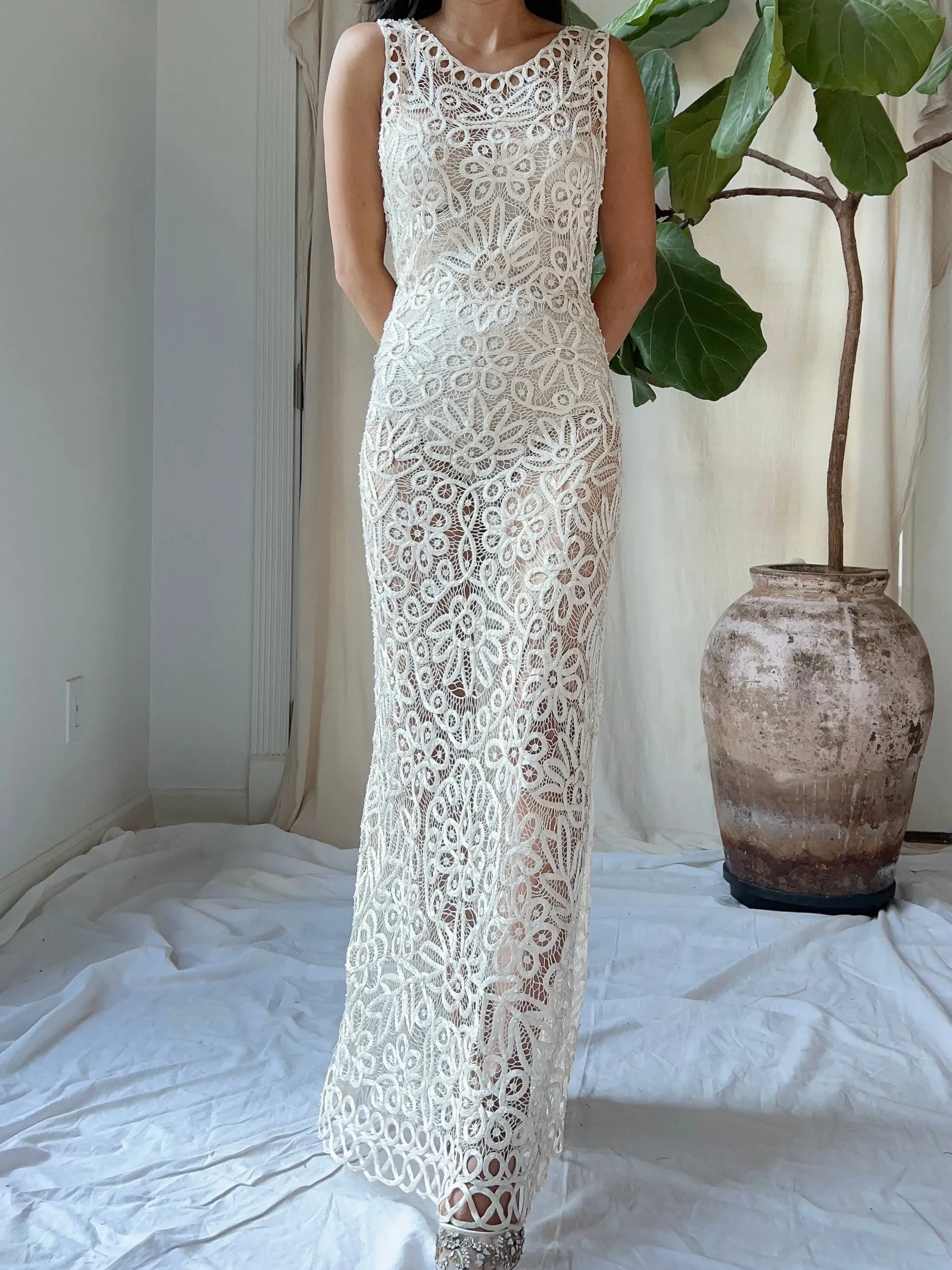 Vintage Ivory Silk Hand Beaded Dress - S/M