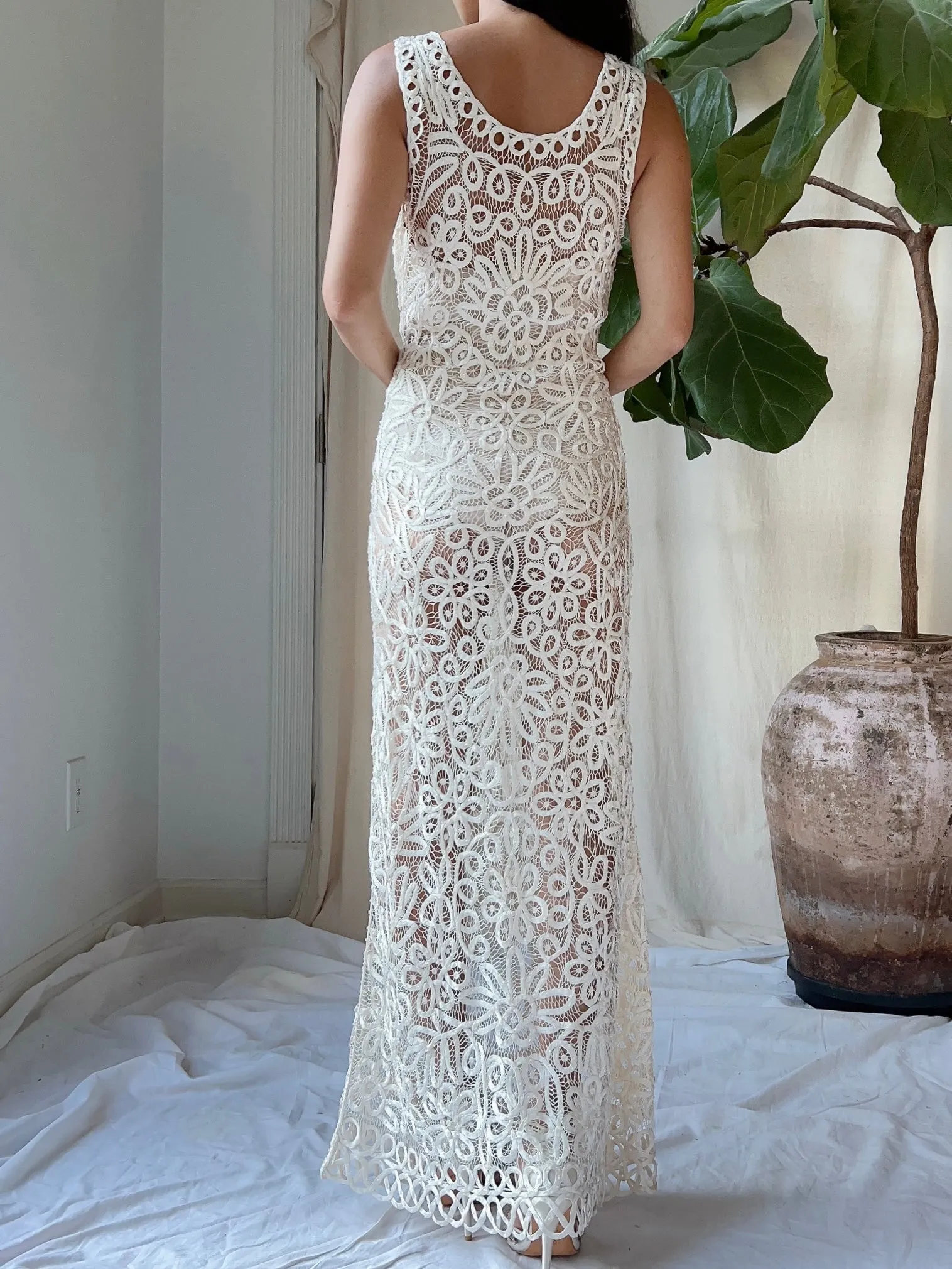 Vintage Ivory Silk Hand Beaded Dress - S/M