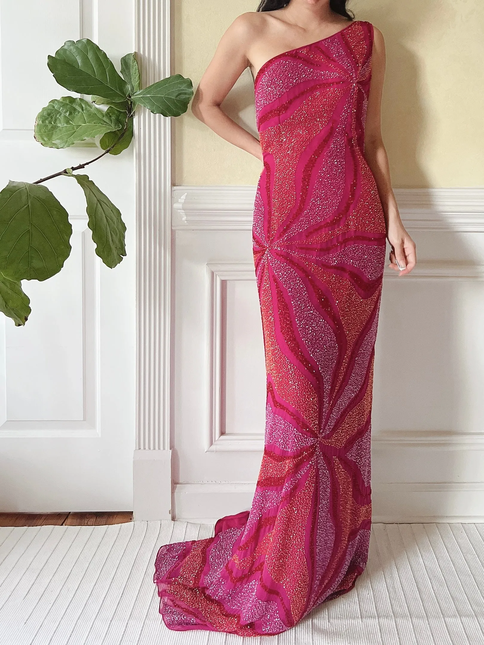 Vintage One-Shoulder Abstract Silk Beaded Dress - S