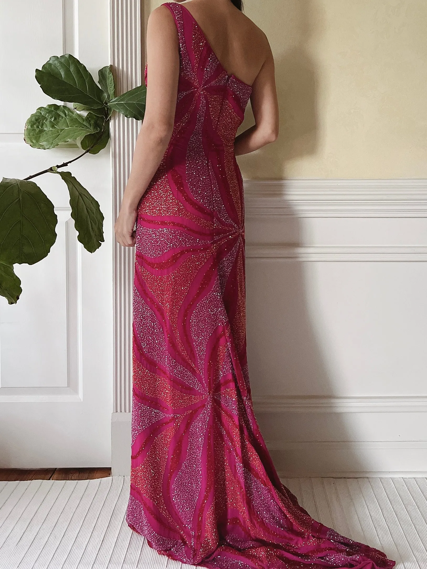 Vintage One-Shoulder Abstract Silk Beaded Dress - S