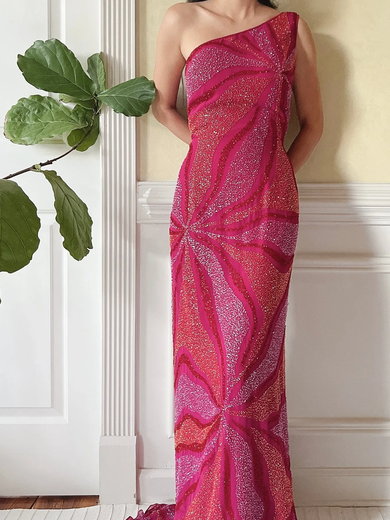 Vintage One-Shoulder Abstract Silk Beaded Dress - S