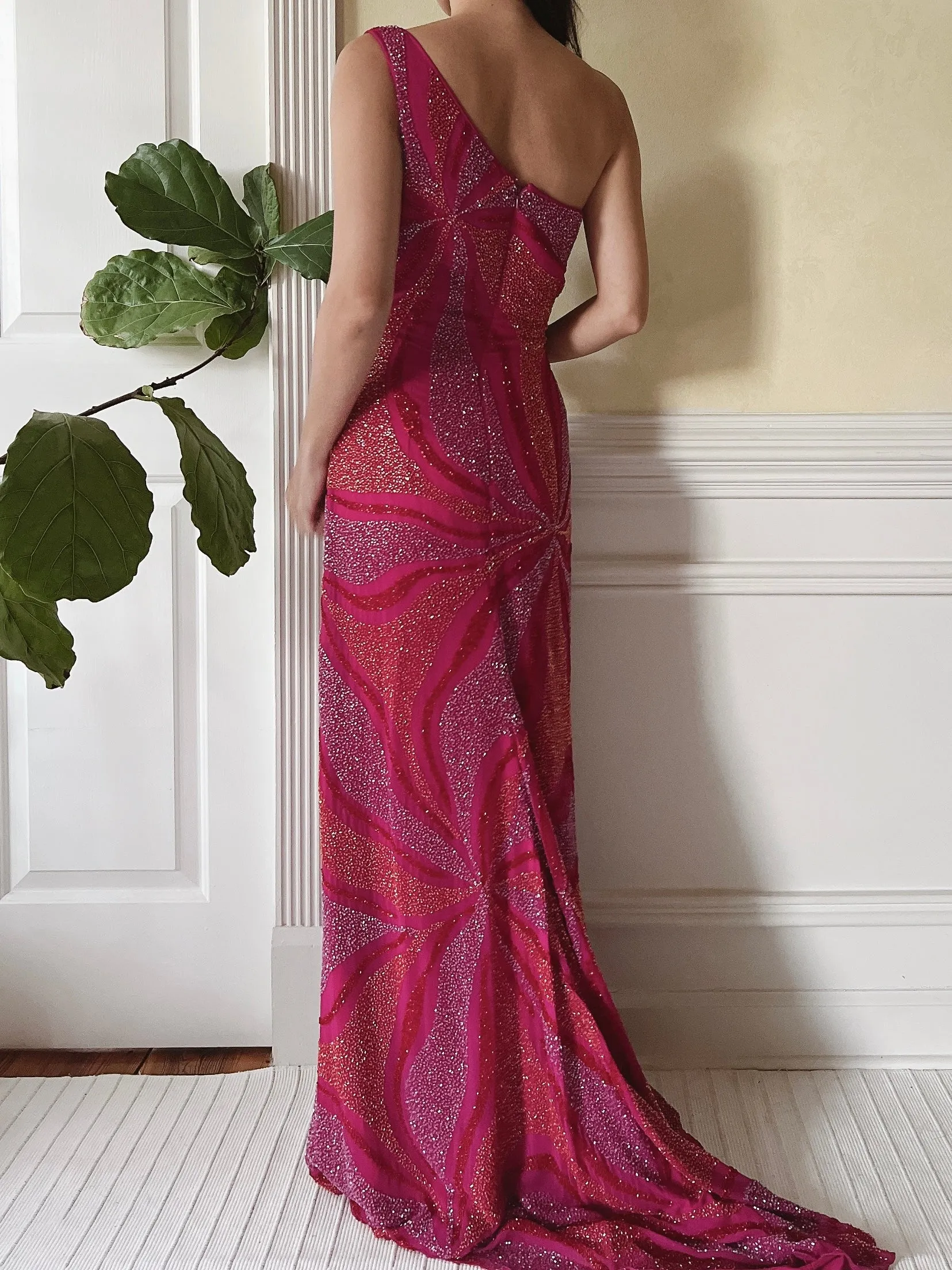 Vintage One-Shoulder Abstract Silk Beaded Dress - S