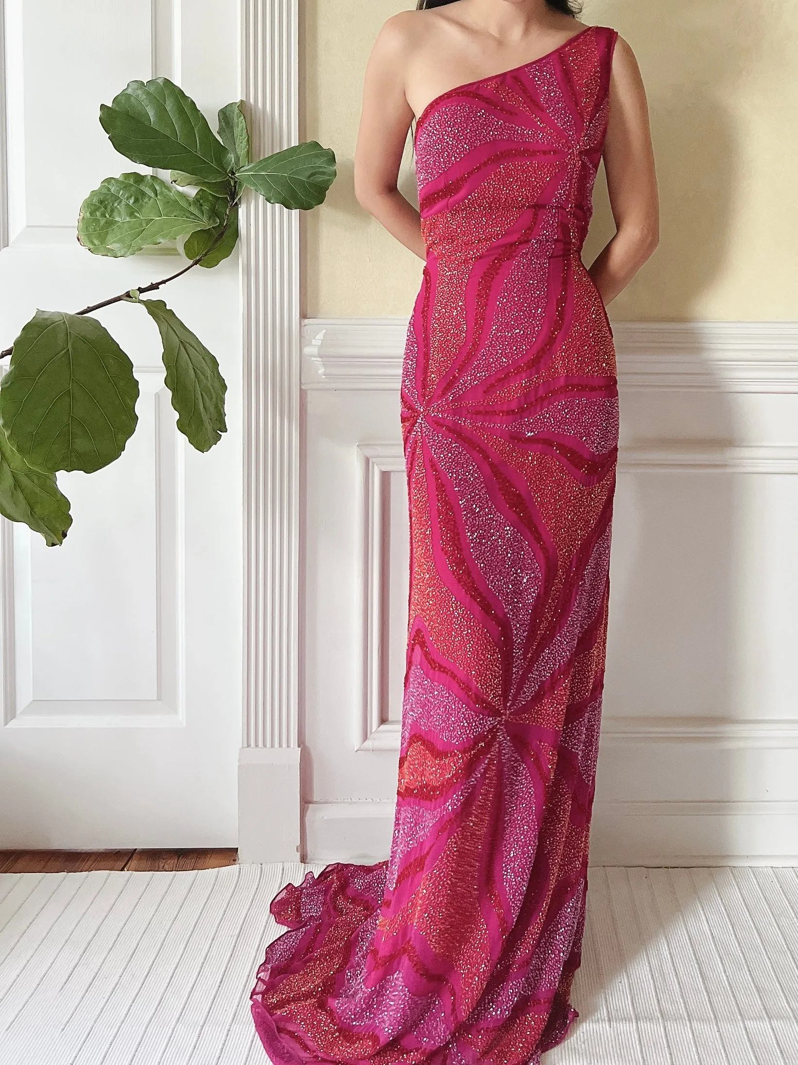 Vintage One-Shoulder Abstract Silk Beaded Dress - S