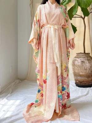 Vintage Patterned Leaf Silk Kimono - OSFM