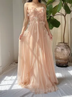 Vintage Peach Silk Floral Dress - S