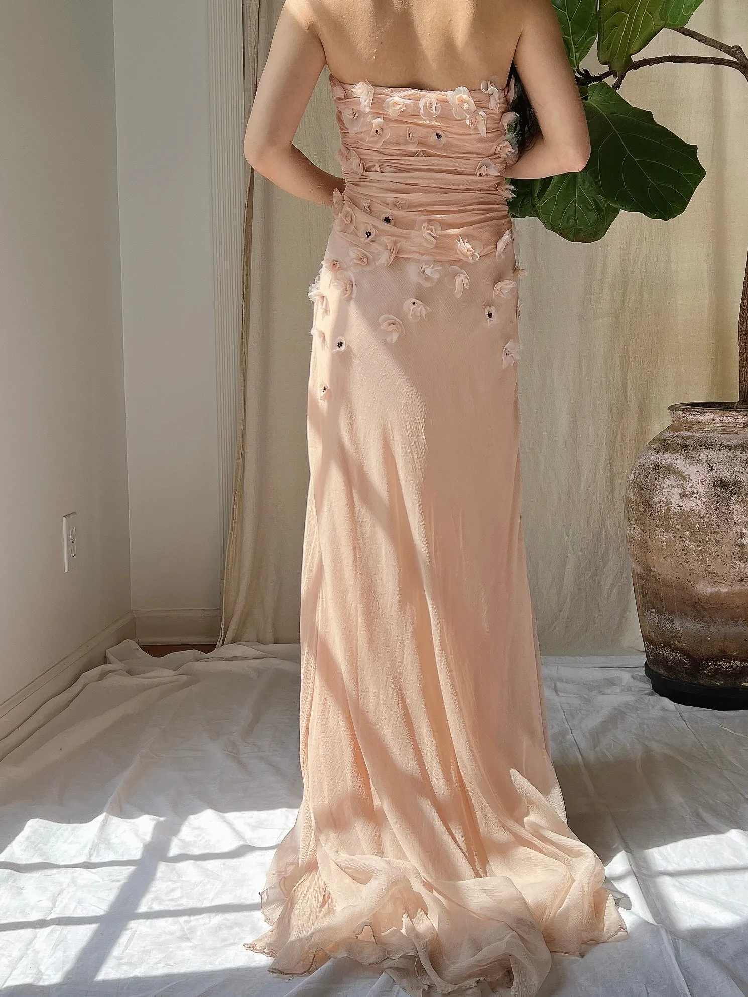 Vintage Peach Silk Floral Dress - S