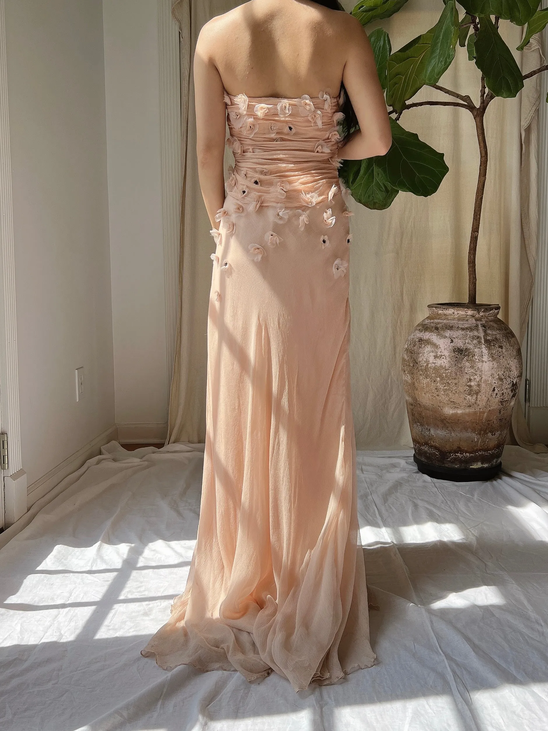 Vintage Peach Silk Floral Dress - S