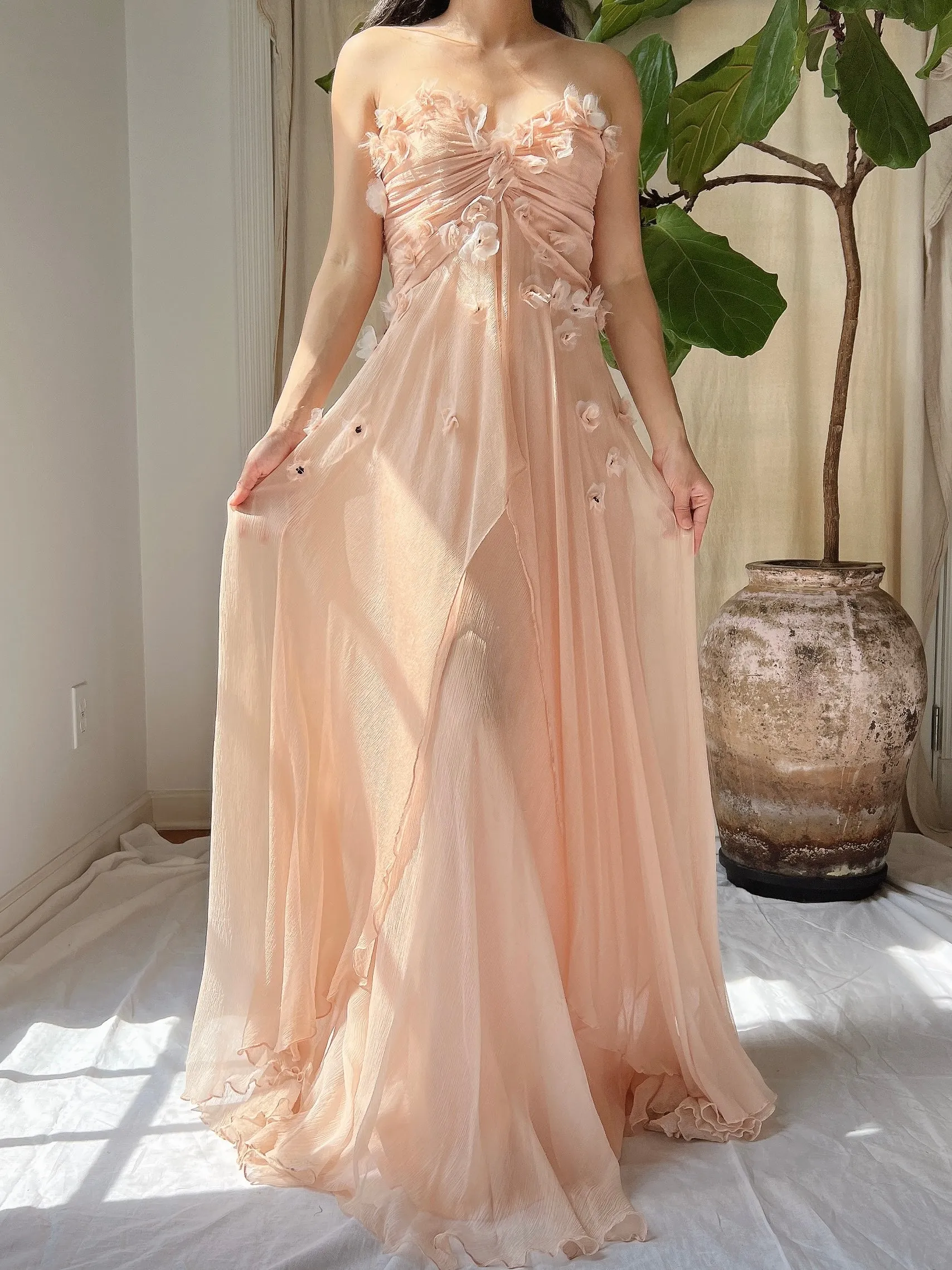 Vintage Peach Silk Floral Dress - S