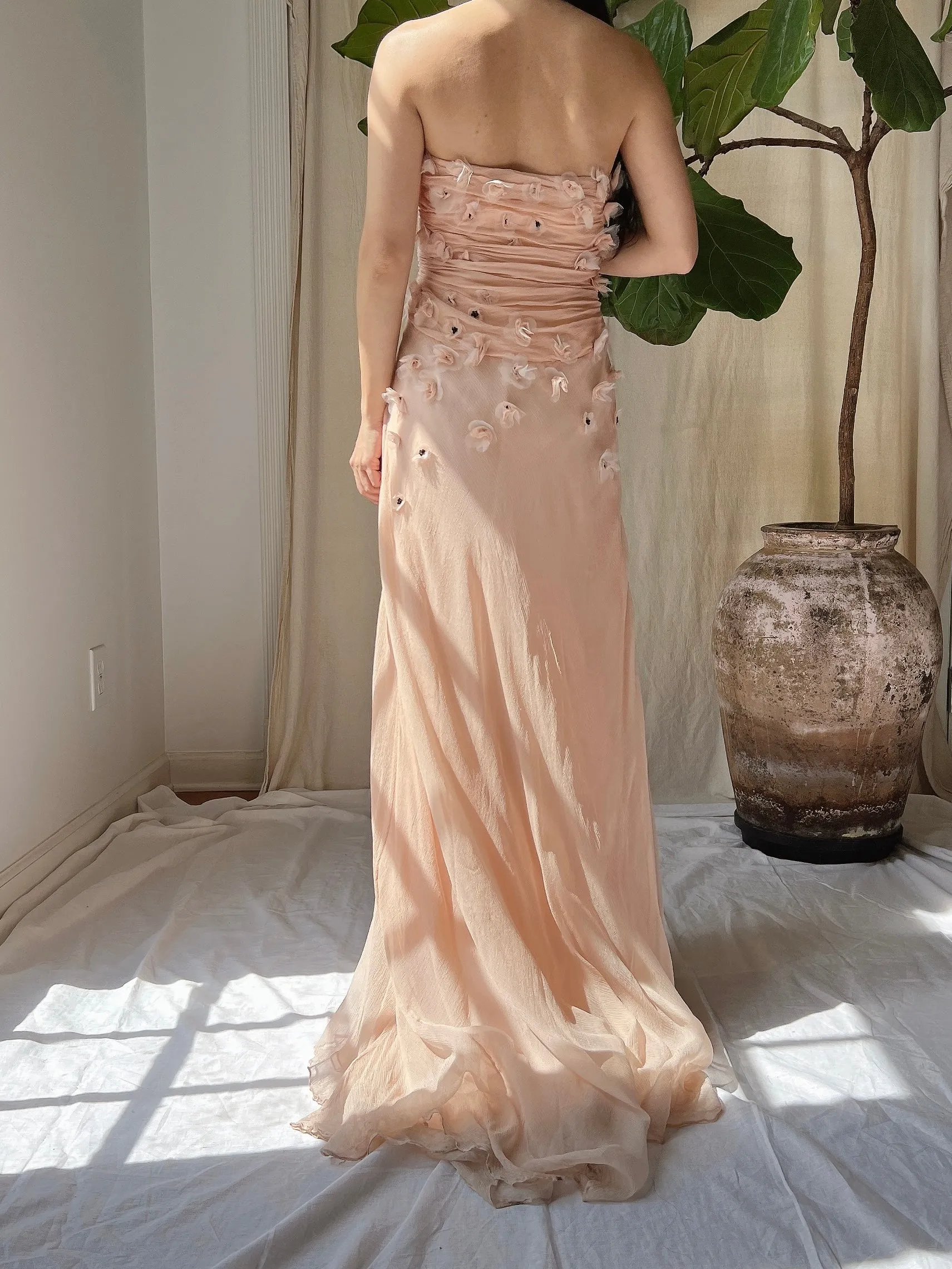 Vintage Peach Silk Floral Dress - S