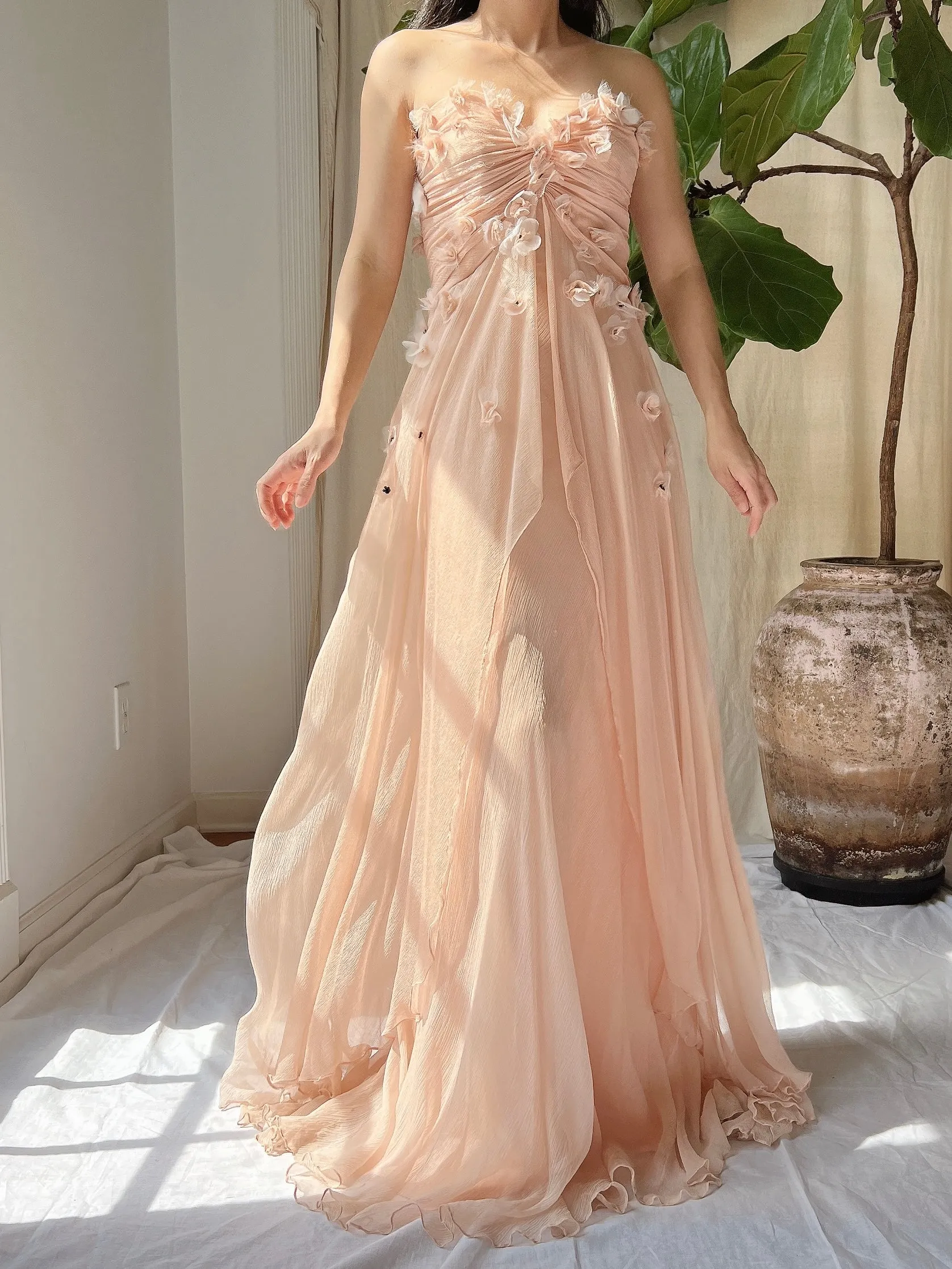 Vintage Peach Silk Floral Dress - S
