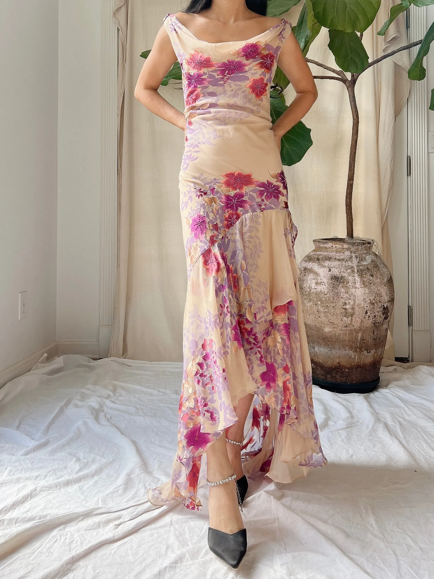 Vintage Silk Hi-Low Cowl Dress - M