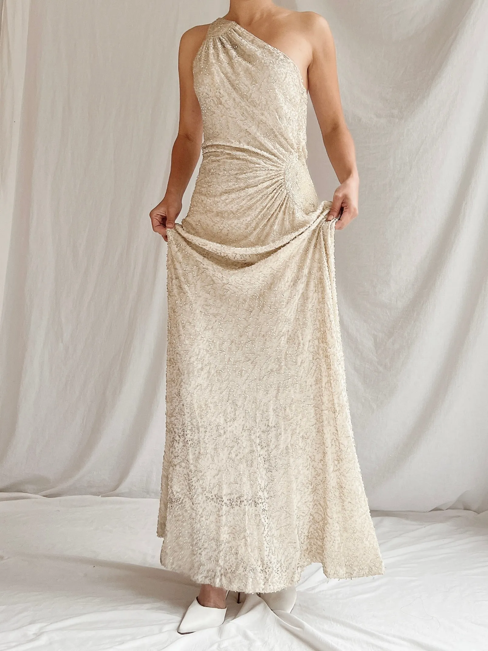 Vintage Silk One Shoulder Beaded Gown - M 6/8
