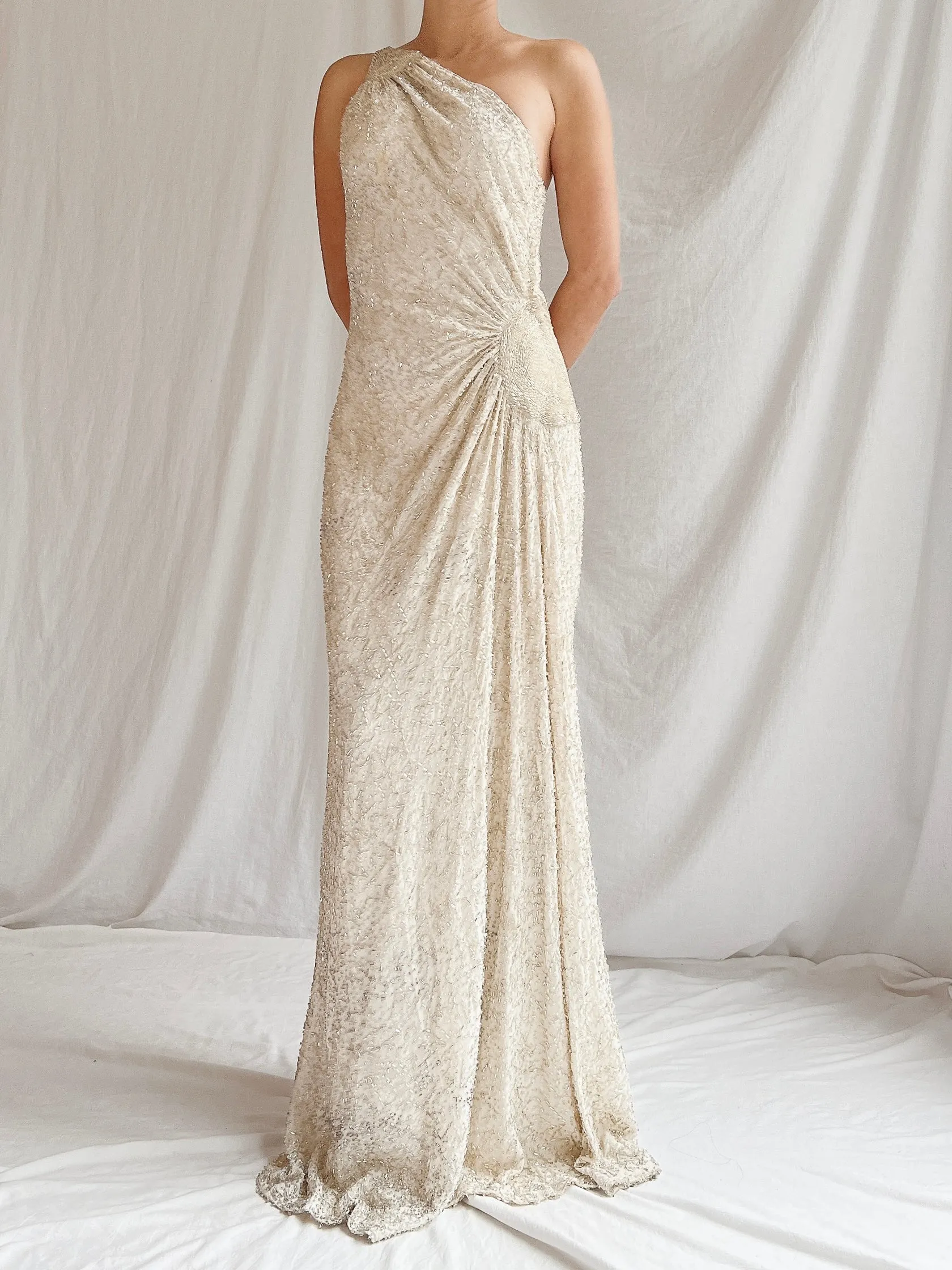 Vintage Silk One Shoulder Beaded Gown - M 6/8
