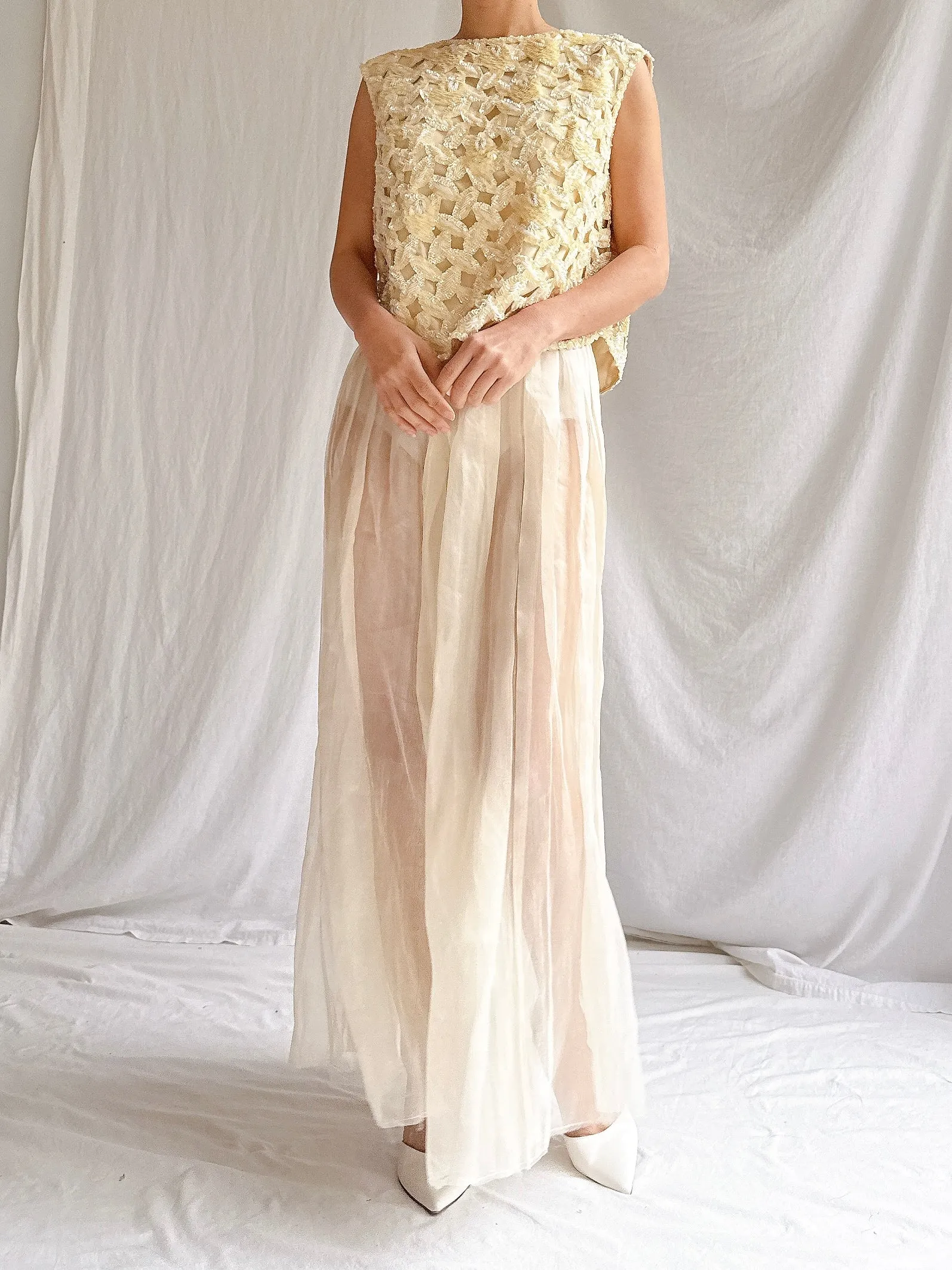 Vintage Silk Organza Pleated Palazzo Pants - M