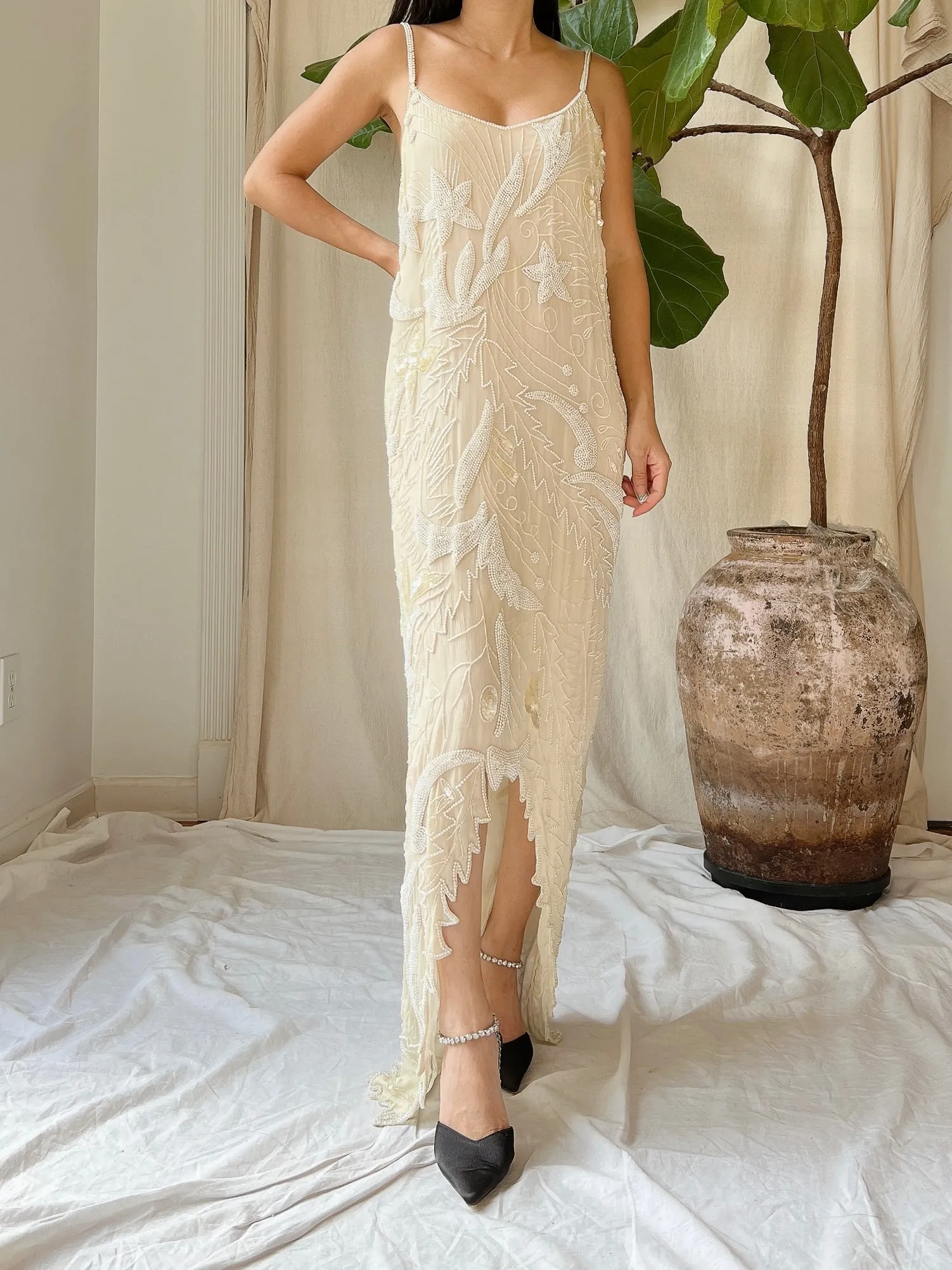 Vintage Stars Silk Beaded Hi-Low Dress - M