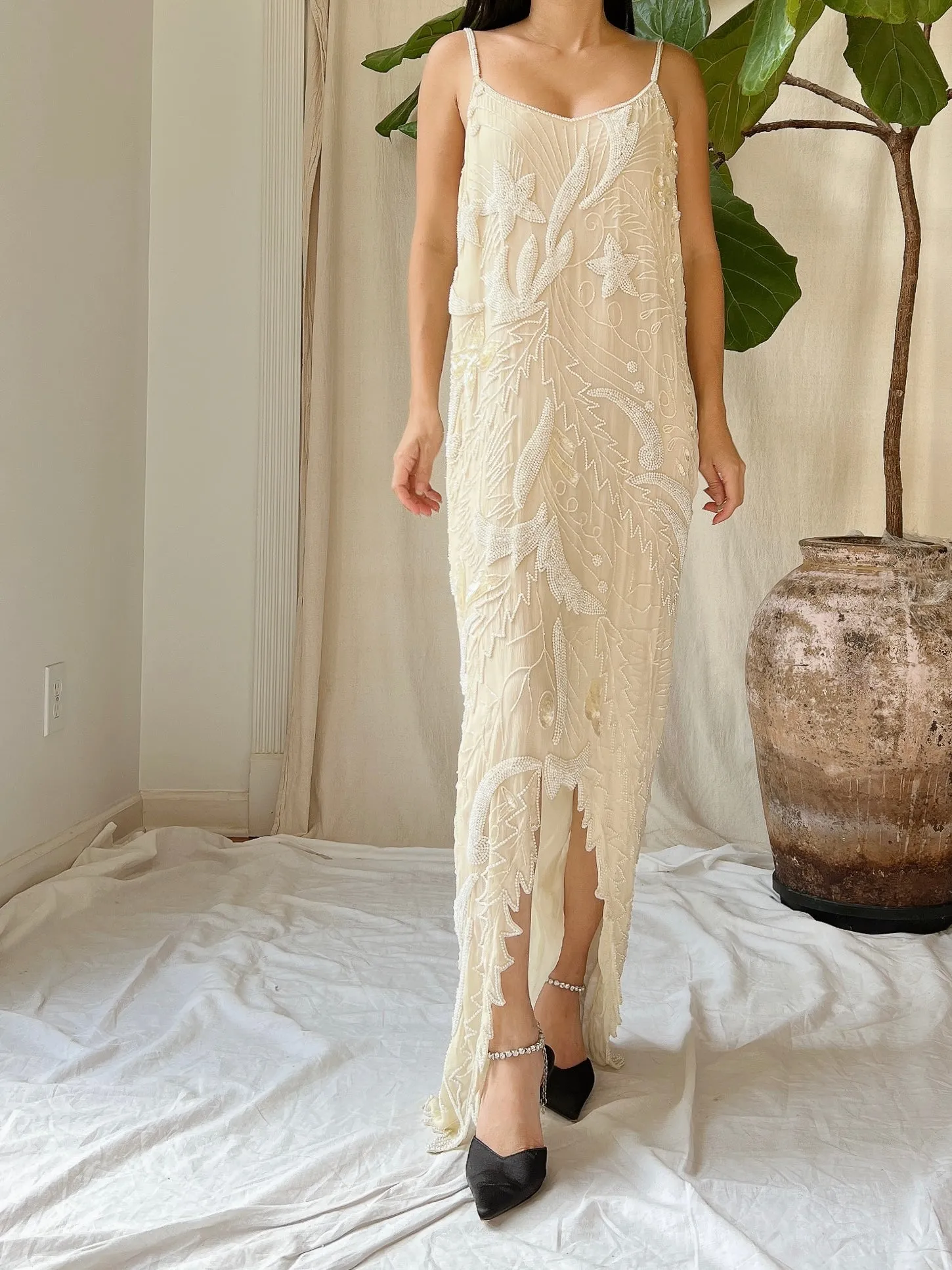 Vintage Stars Silk Beaded Hi-Low Dress - M