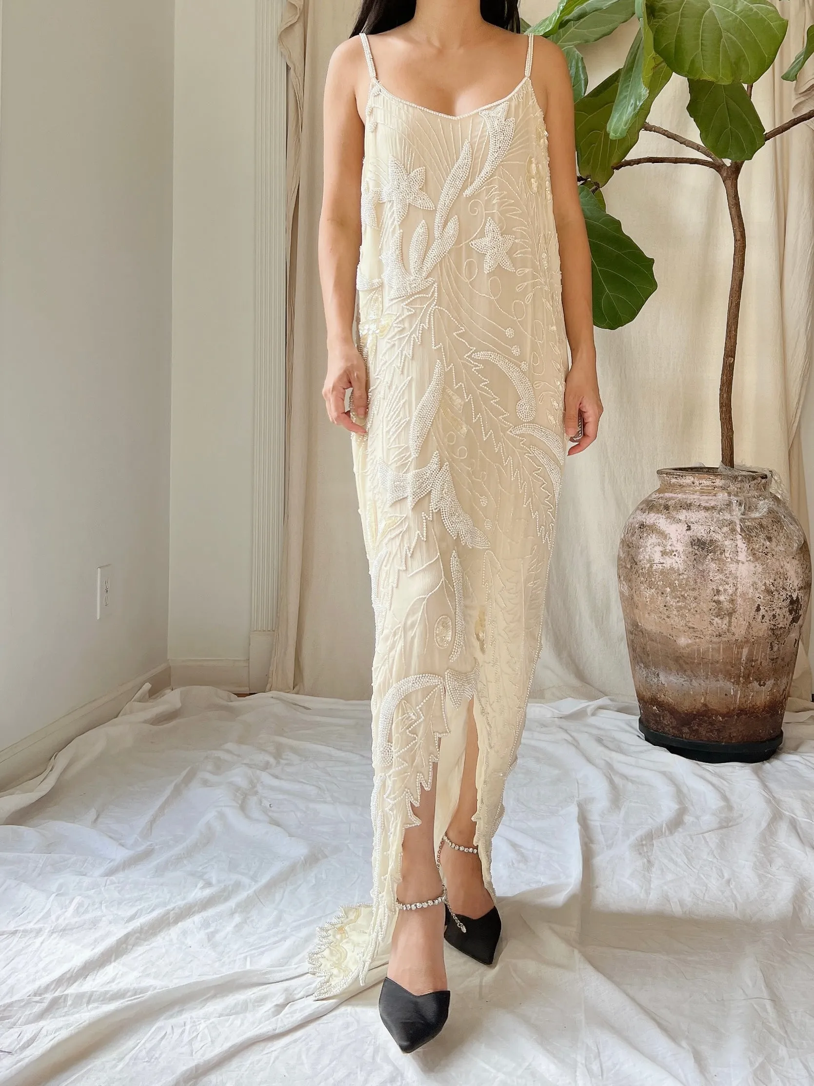 Vintage Stars Silk Beaded Hi-Low Dress - M