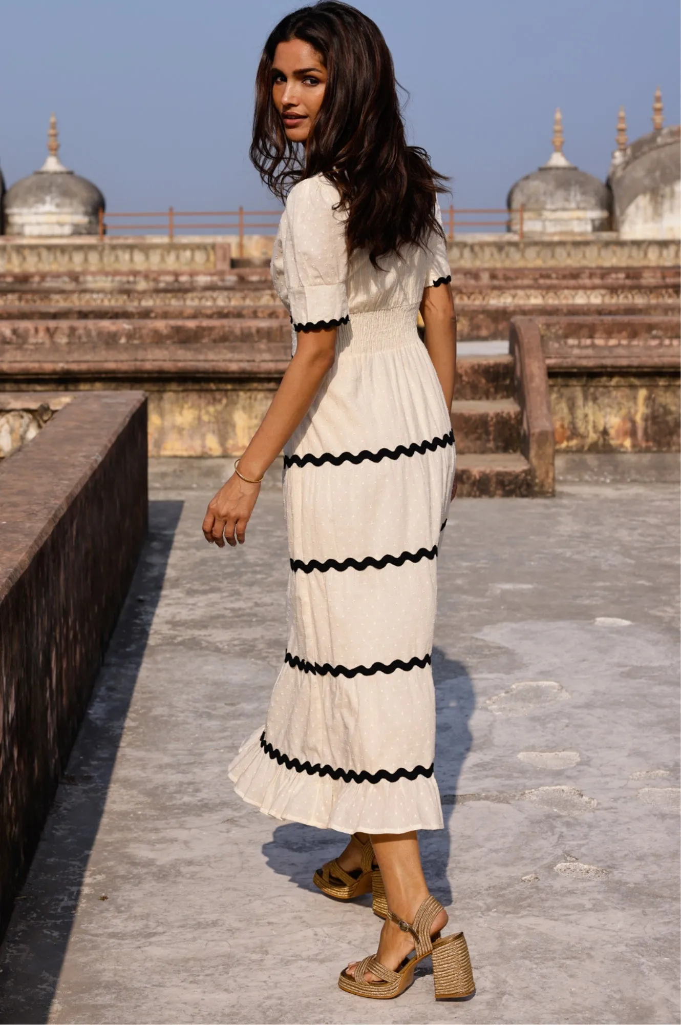Viola Short Sleeve Organic Cotton Ric Rac Dress | Antique Cream/Black