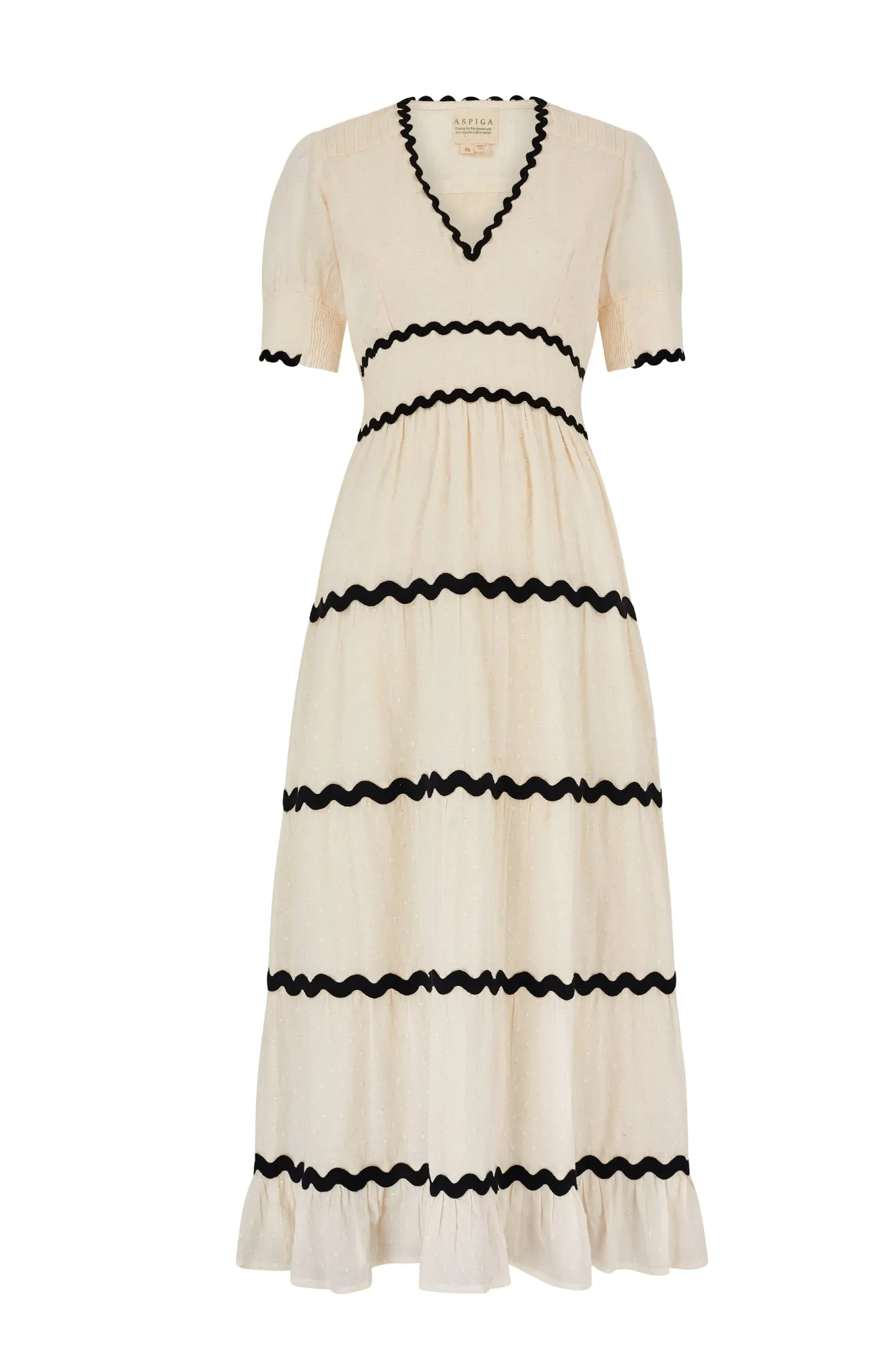 Viola Short Sleeve Organic Cotton Ric Rac Dress | Antique Cream/Black