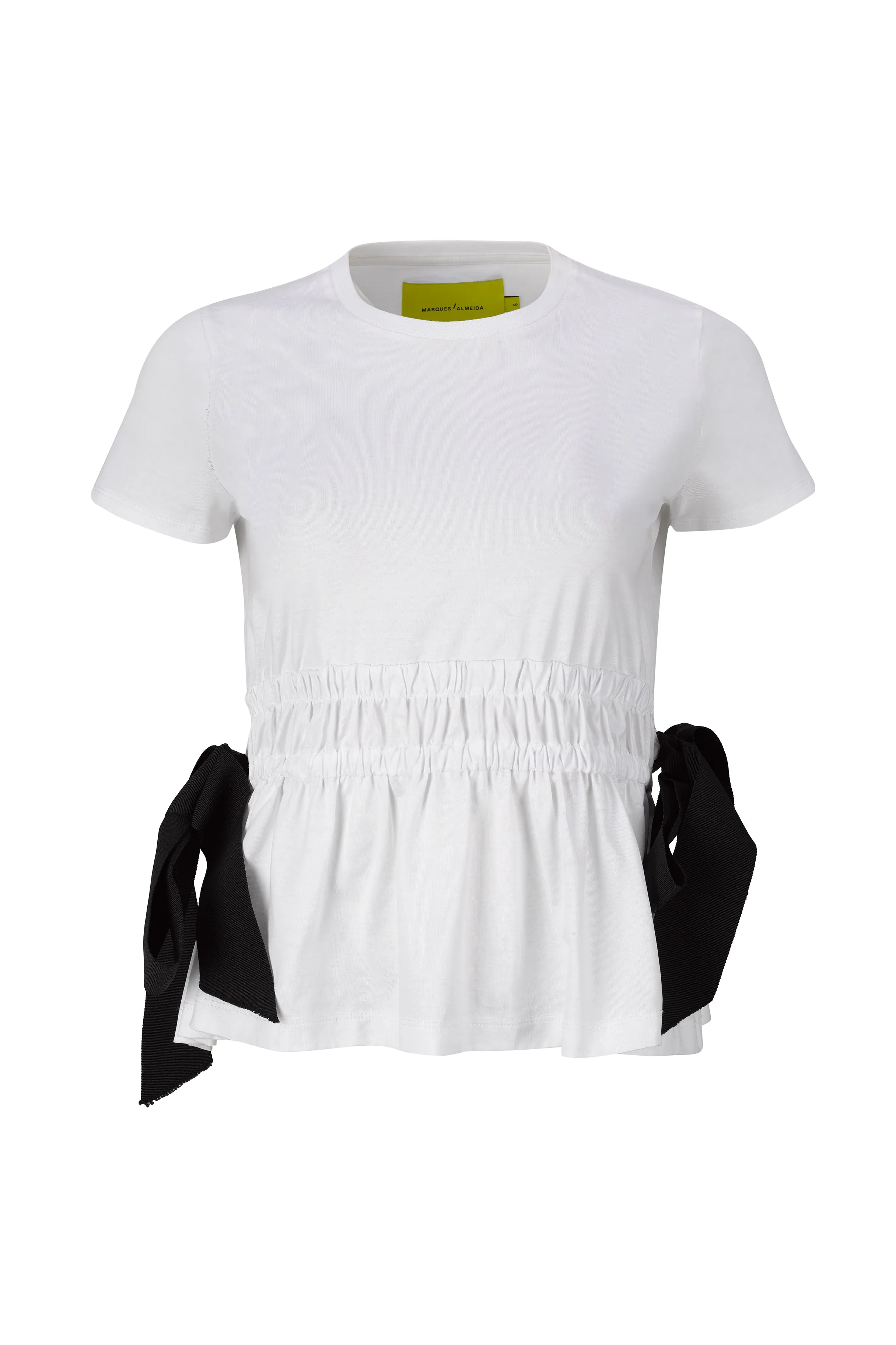 WHITE GATHERED CAP SLEEVE T-SHIRT WITH BLACK BOWS