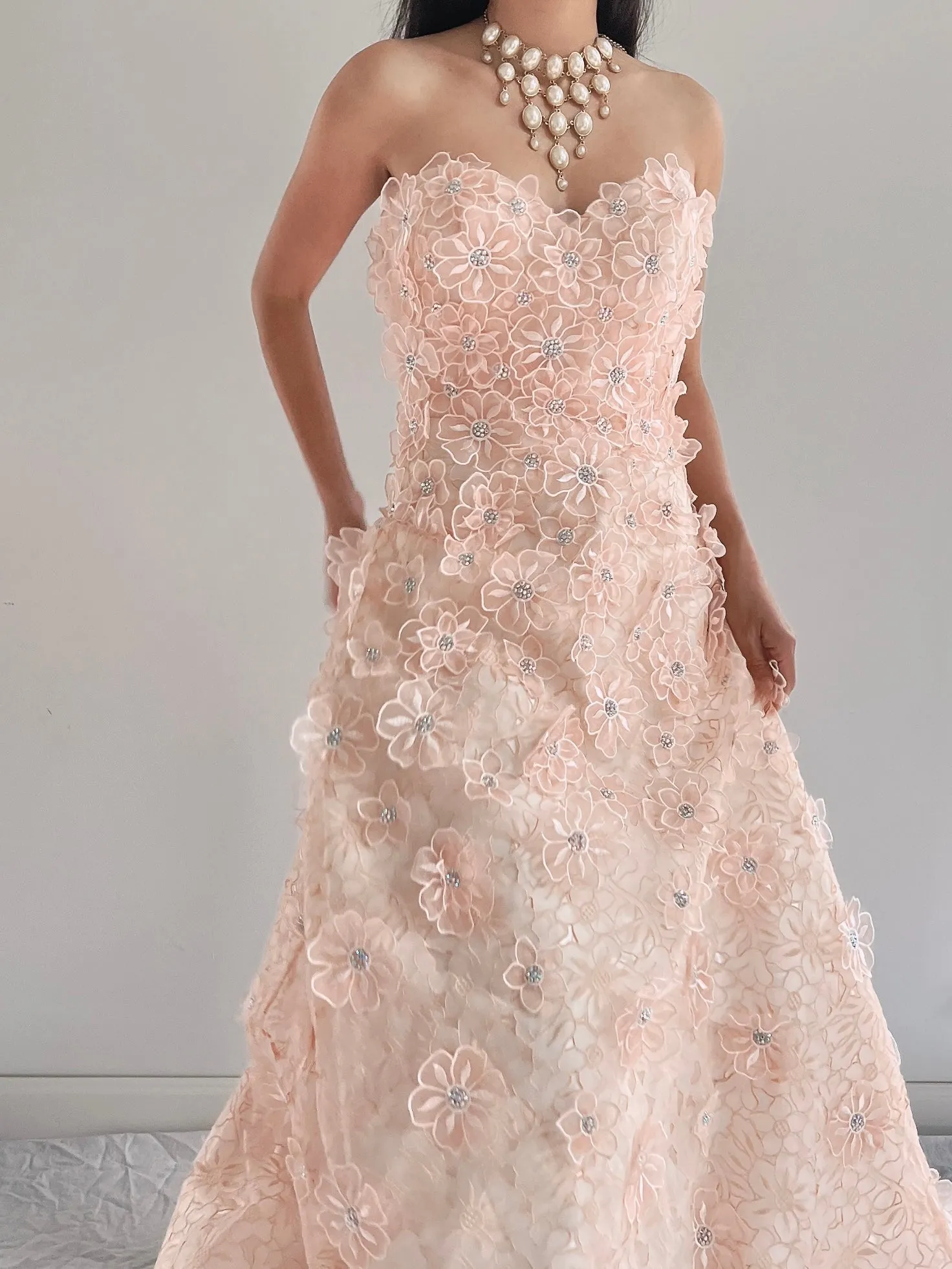 Y2K Peach Floral Applique Gown - S/6