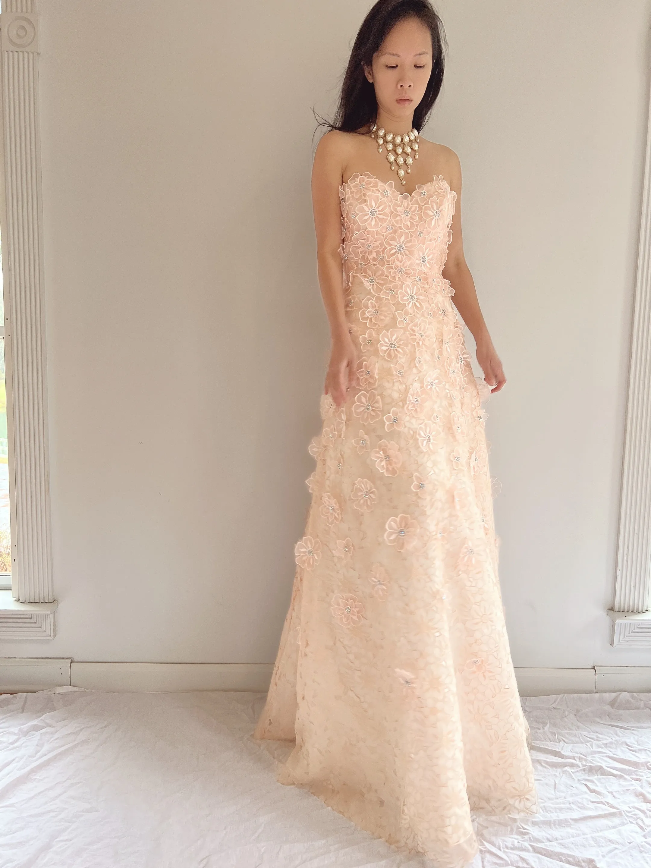 Y2K Peach Floral Applique Gown - S/6