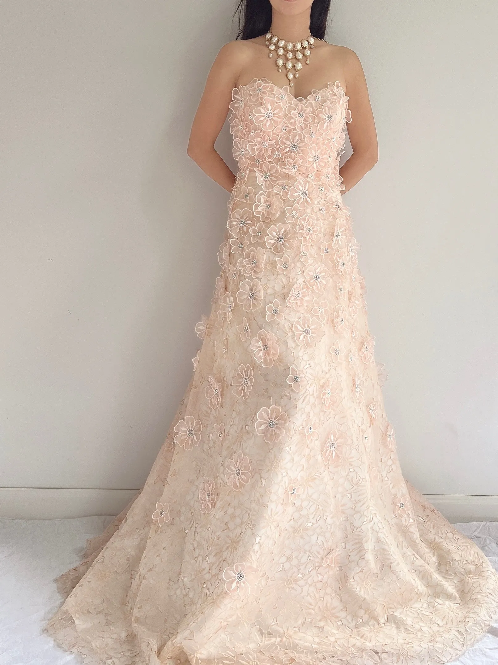 Y2K Peach Floral Applique Gown - S/6