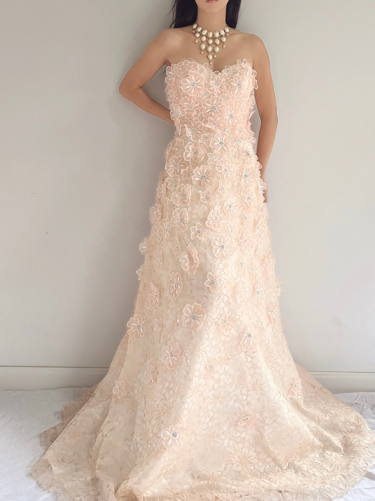 Y2K Peach Floral Applique Gown - S/6